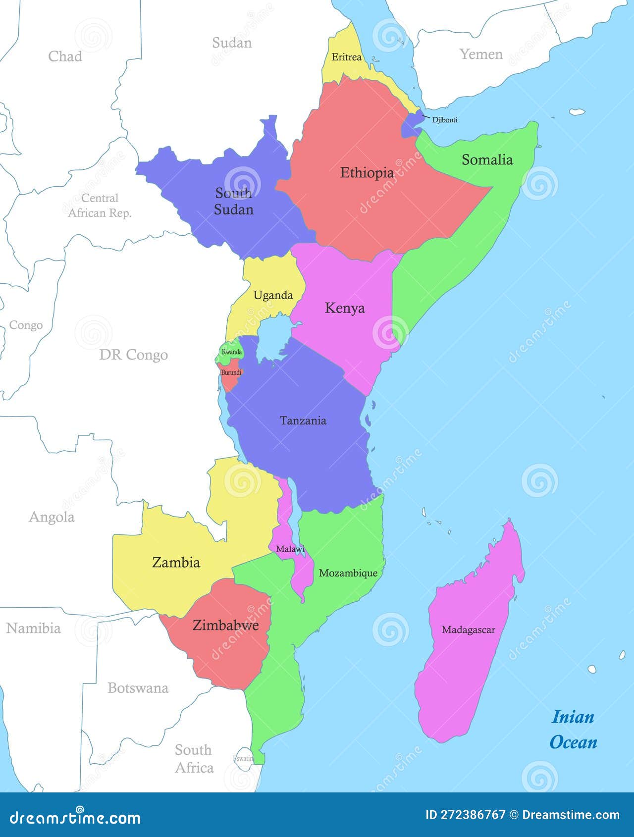 Landen In Oost Afrika Kaart Van Oost - Afrika Met Grenzen Van De Staten. Vector Illustratie