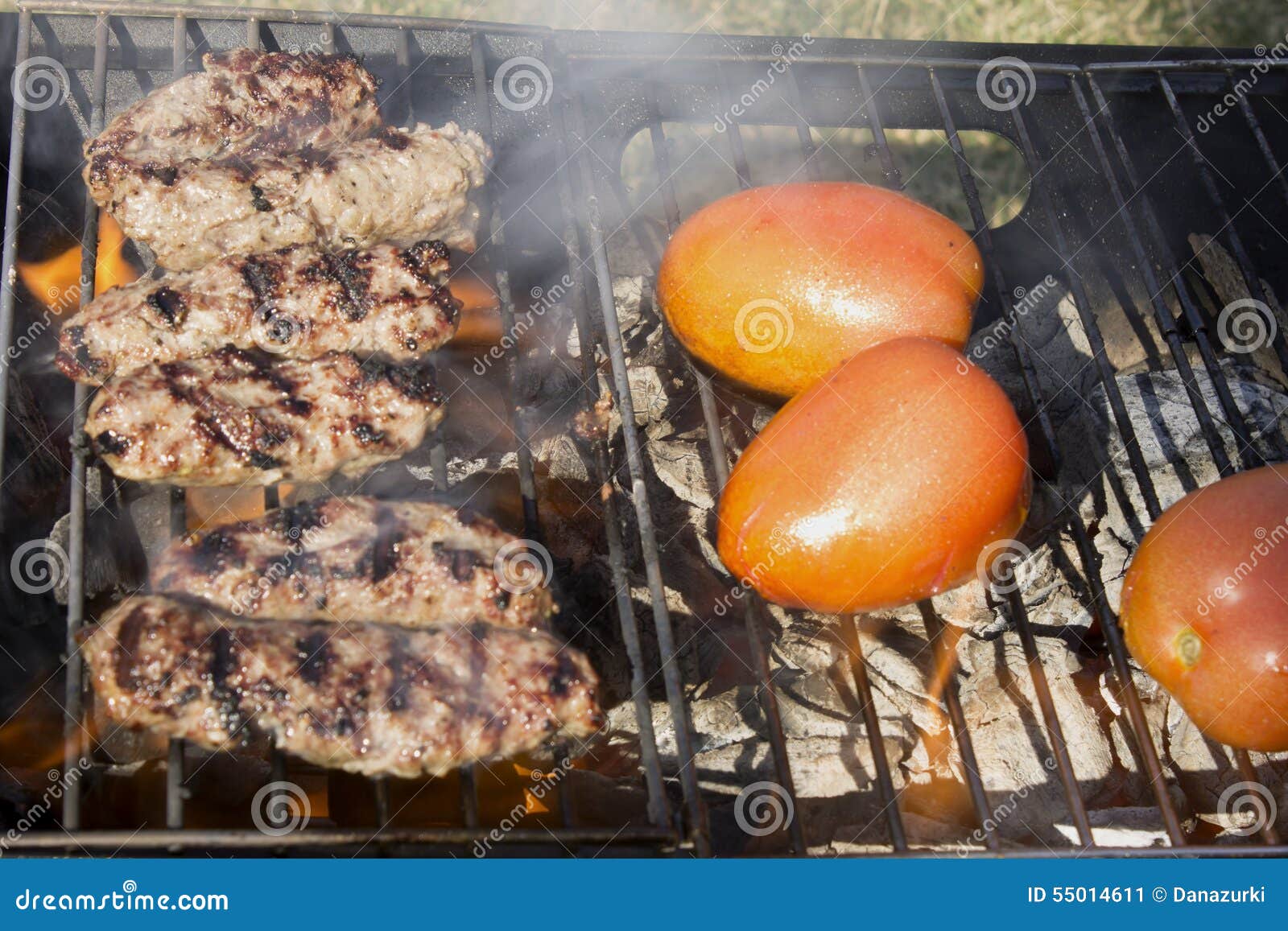 Kabobs and Tomatoes on a Charcoal Grill Stock Image Image of grilled