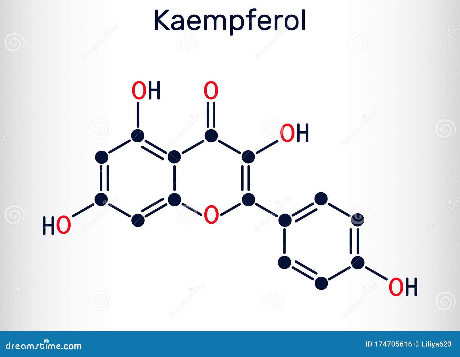 kaempferol. c15h10o6 molecule. it is antioxidant, natural flavonol, type of flavonoid. structural chemical formula