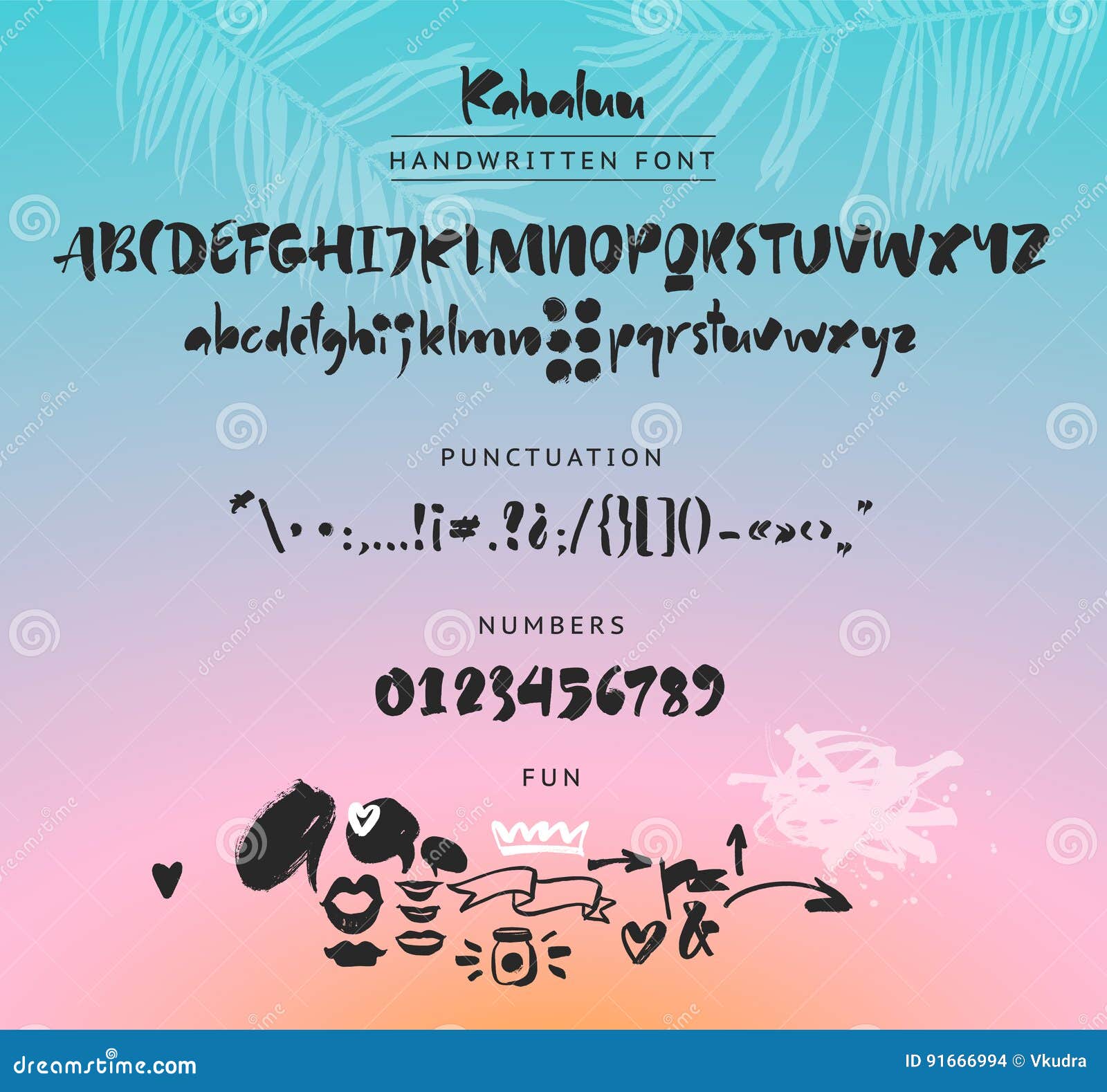 kahaluu handwritten script font. brush font. uppercase, lowercase, numbers, punctuation and a lot of fun figures