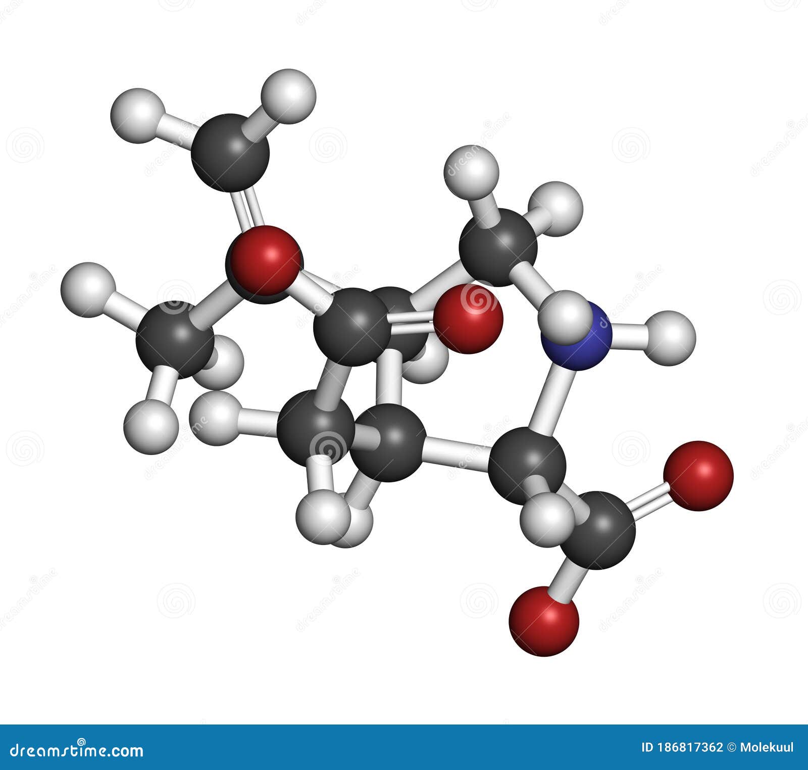 kainic acid molecule. direct agonist of the glutamic kainate receptors. 3d rendering. atoms are represented as spheres with