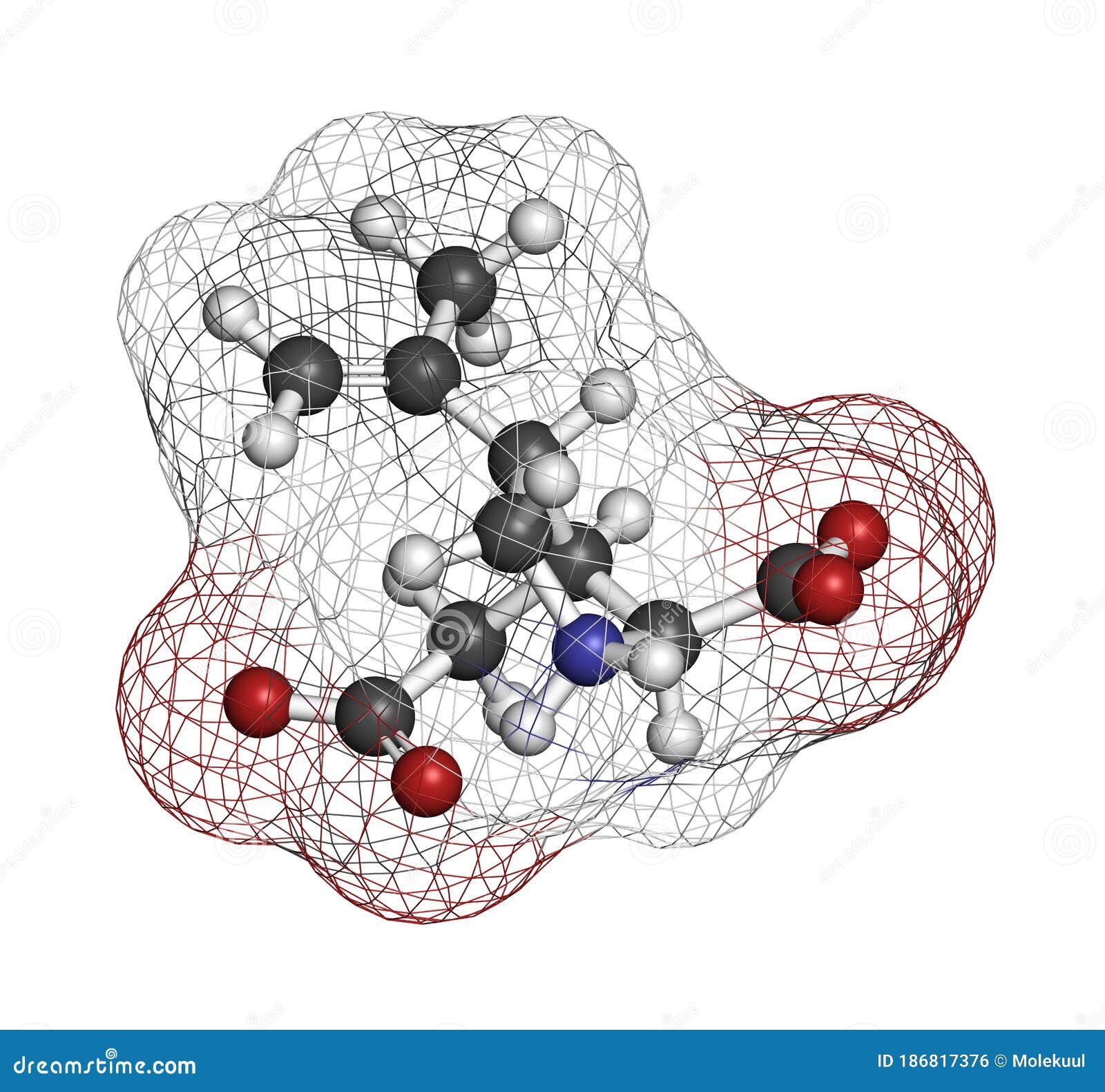 kainic acid molecule. direct agonist of the glutamic kainate receptors. 3d rendering. atoms are represented as spheres with