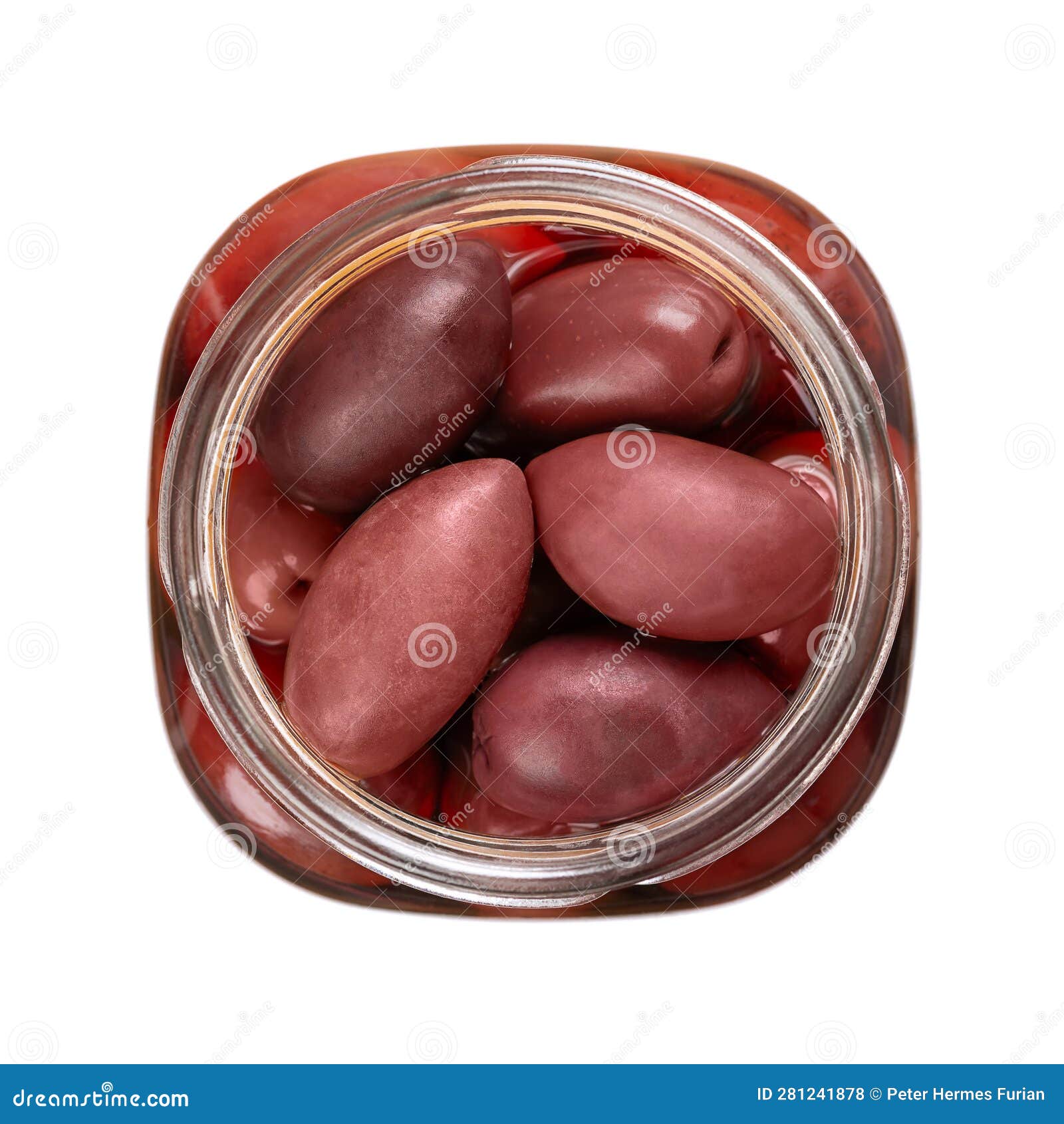 Kalamata Olives in an Open Jar, Whole Table Olives, from Above Stock