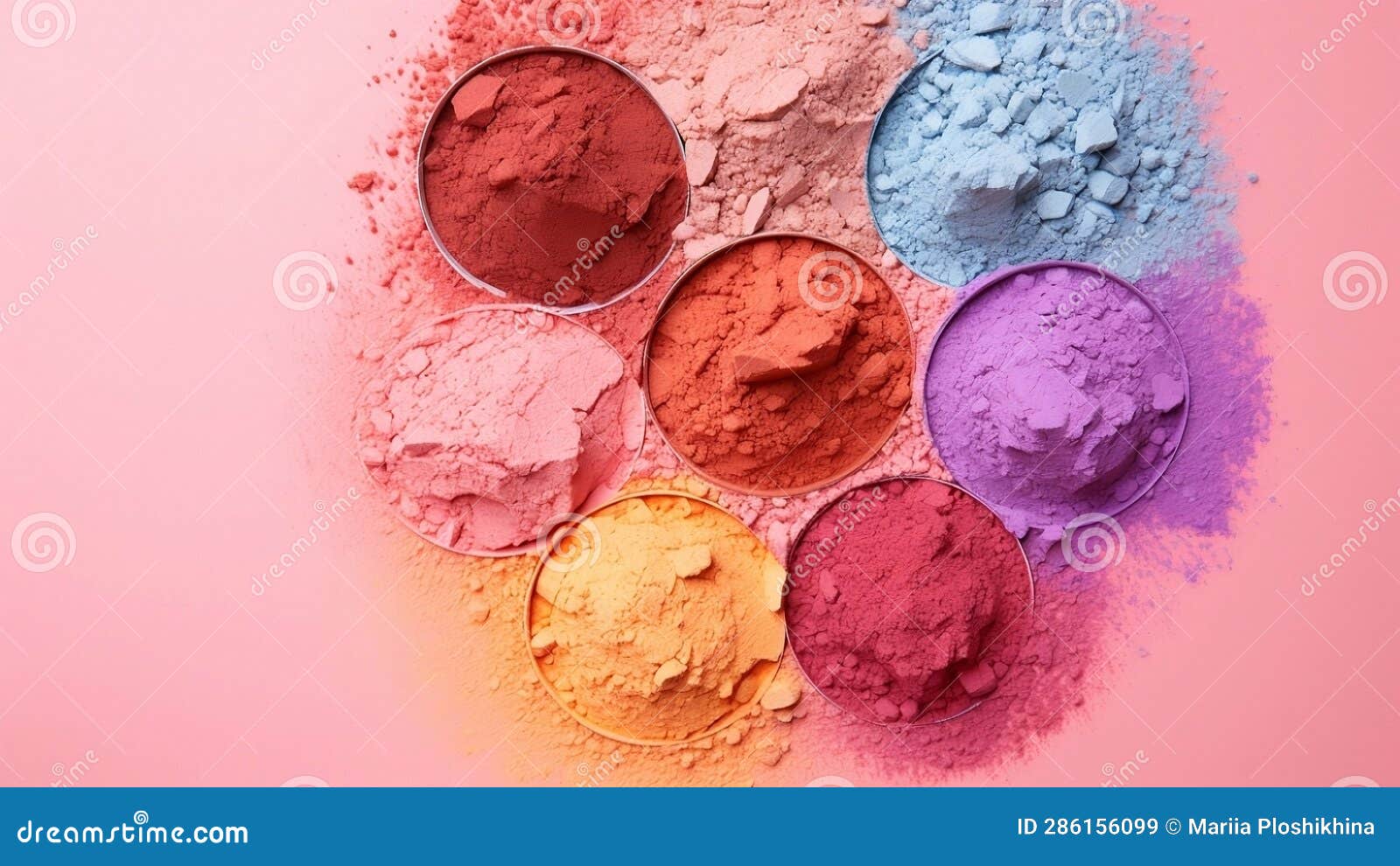 Kaleidoscope of Diverse Eyeshadows, Set Against a Dreamy Pink Canvas 
