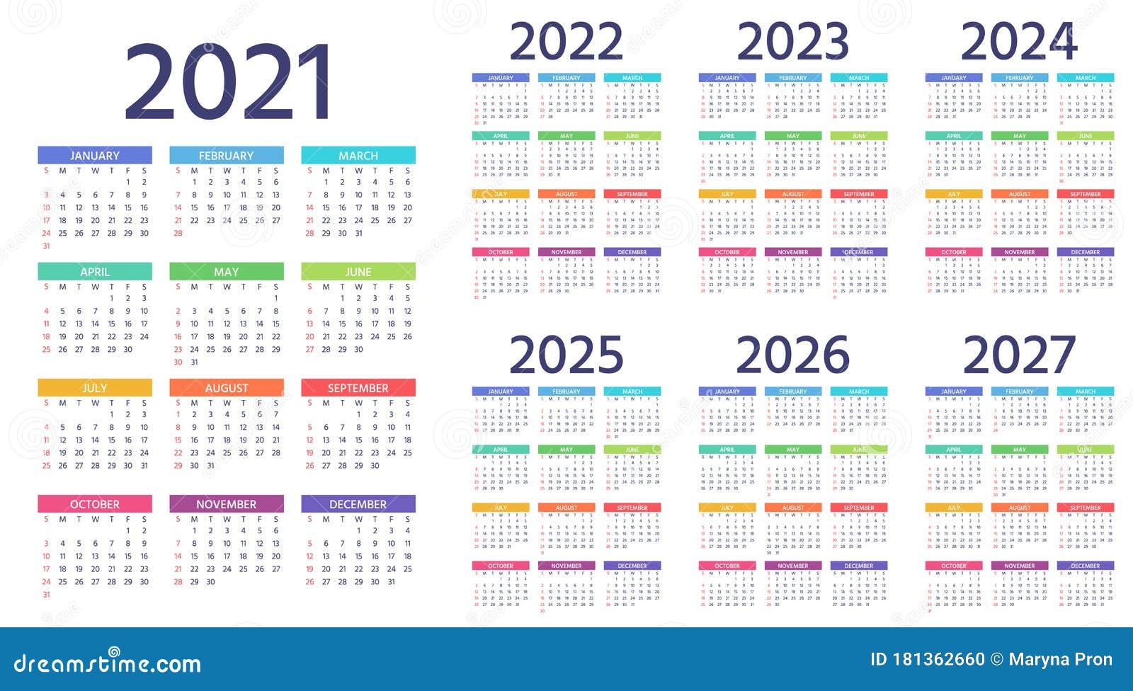 Kalendarz 2021 2022 2023 2024 2025 2026 2027 Lat. Ilustracja Wektorowa