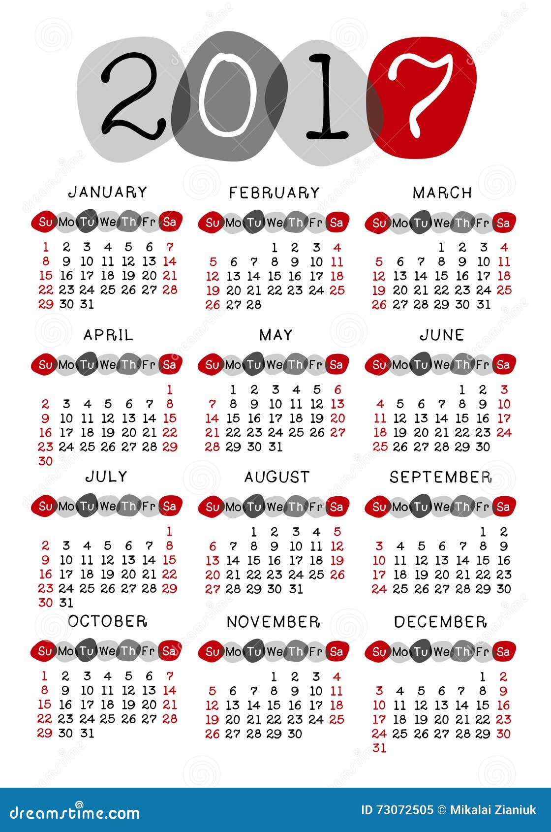 Kalendarza 2017 wektorowy szablon. Kalendarza szablonu 2017 tydzień zaczyna Niedziela, wektorowa ilustracja