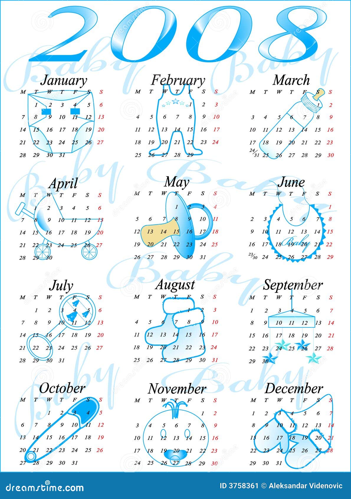 Kalender 2008. Illustratie van kalender voor het jaar van 2008.