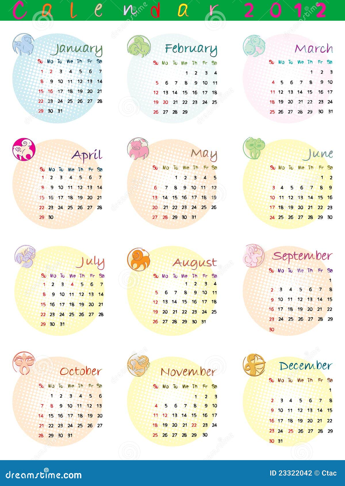 Kalender 2012 Mit Tierkreiszeichen Vektor Abbildung - Illustration von