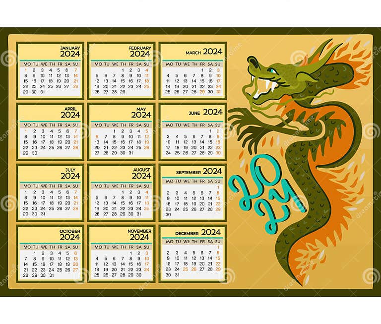A4 Kalender 2024. Chinesischer Jahr Des Drachen Aus Grünem Holz. Woche 