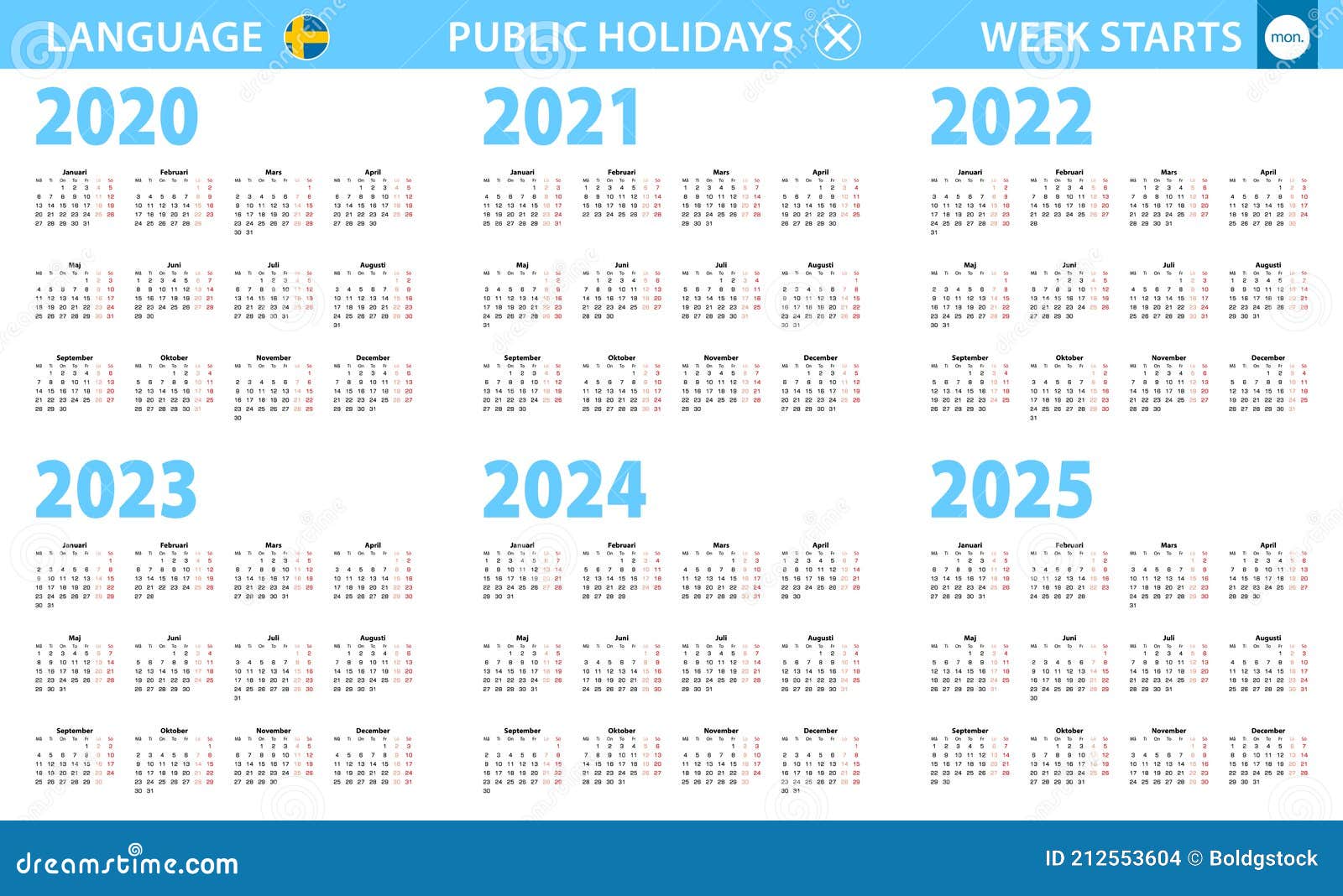 Kalender In De Zweedse Taal Voor Het Jaar 2020 2021 2022 2023 2024 2025. Week Start Maandag Vector Illustratie - Illustration Of December, Tijdschema: 212553604