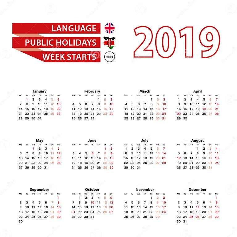 Kalender 2019 in Der Englischen Sprache Mit Gesetzlichen Feiertagen Das