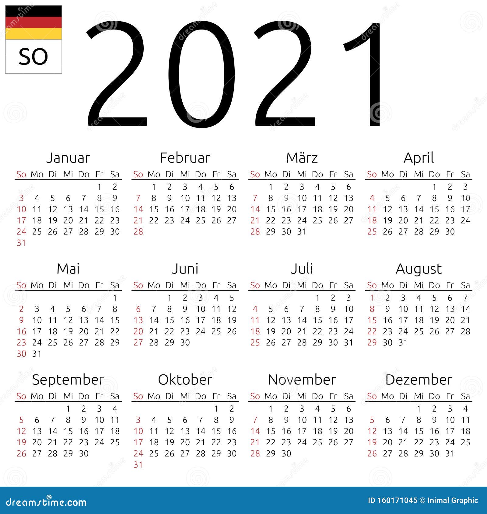 Kalender 2021, Duits, Zondag Vector Illustratie - Illustration Of  Duitsland, Zondag: 160171045