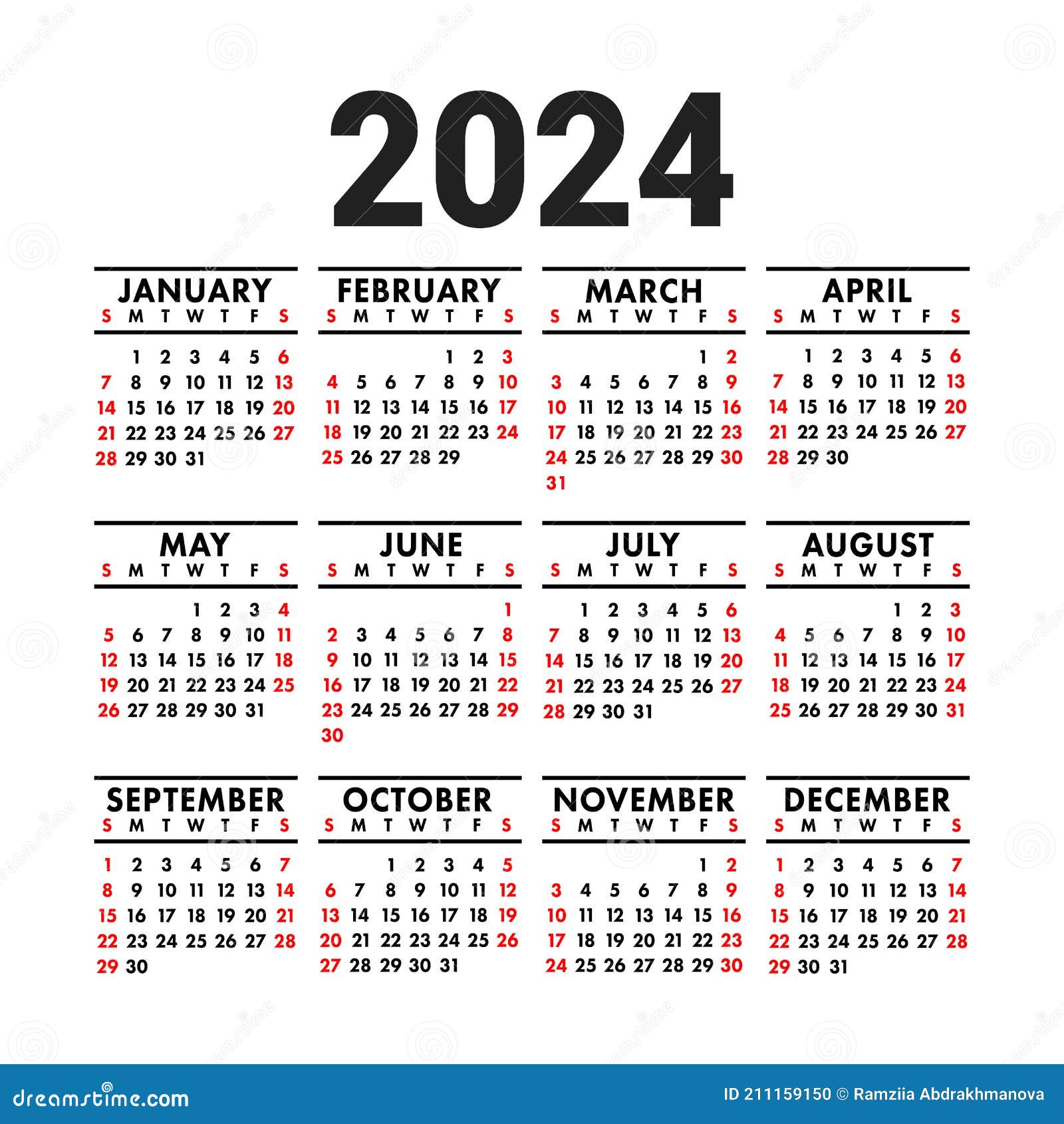 Kalender 2024. Engels Model Voor Vierkant Vectorwand of Zakkalender