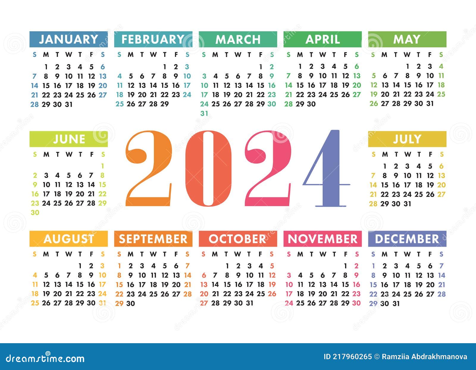 Kalender 2024. Englisch Bunt Vektor Horizontal Wand Oder Tasche