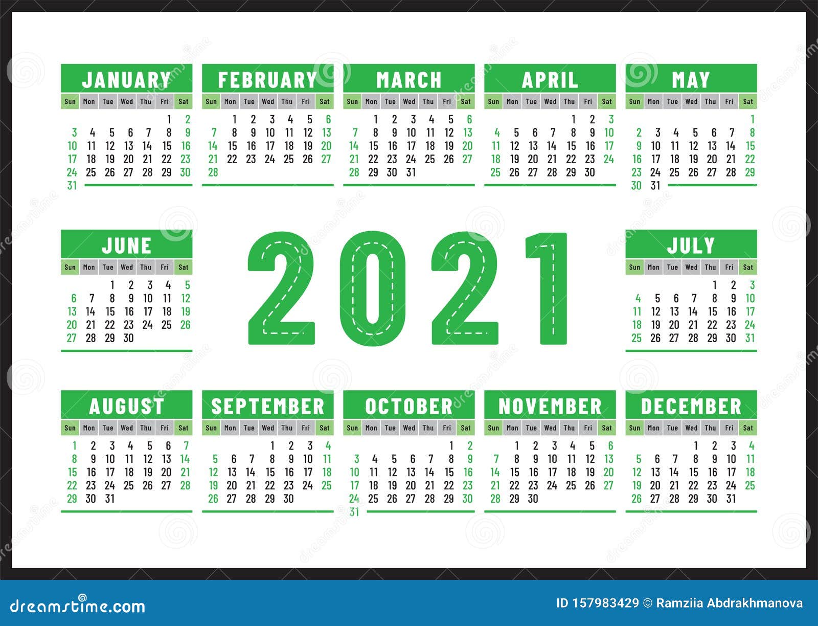 Kalender 2021 Englisch Green Color Vektordesign Woche ...