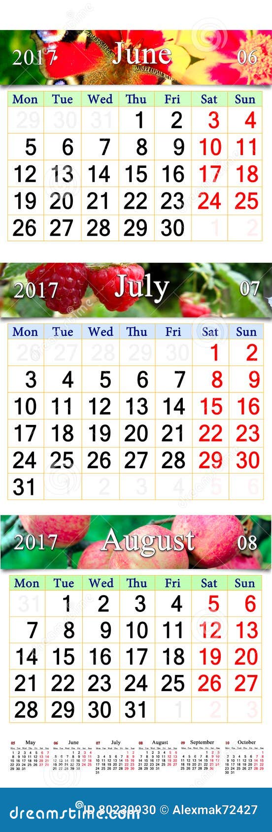 Kalender För Juni Juli Och Augusti 2017 Med Kulöra Bilder Arkivfoto
