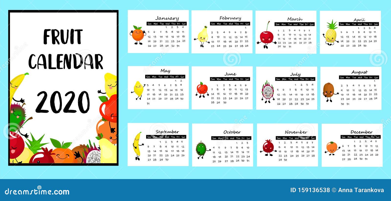 Kalender 2020 Glider For Barn Fruktkalender Funniga Tecken Den Kan Anvandas For Utskrift Arkivfoto Bild Av 159136538