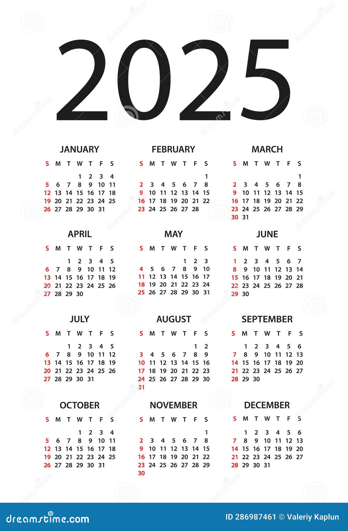 Kalender 2025 Illustratie. Week Begint Op Zondag. Tijdschema Voor Het Jaar 2025 Vector