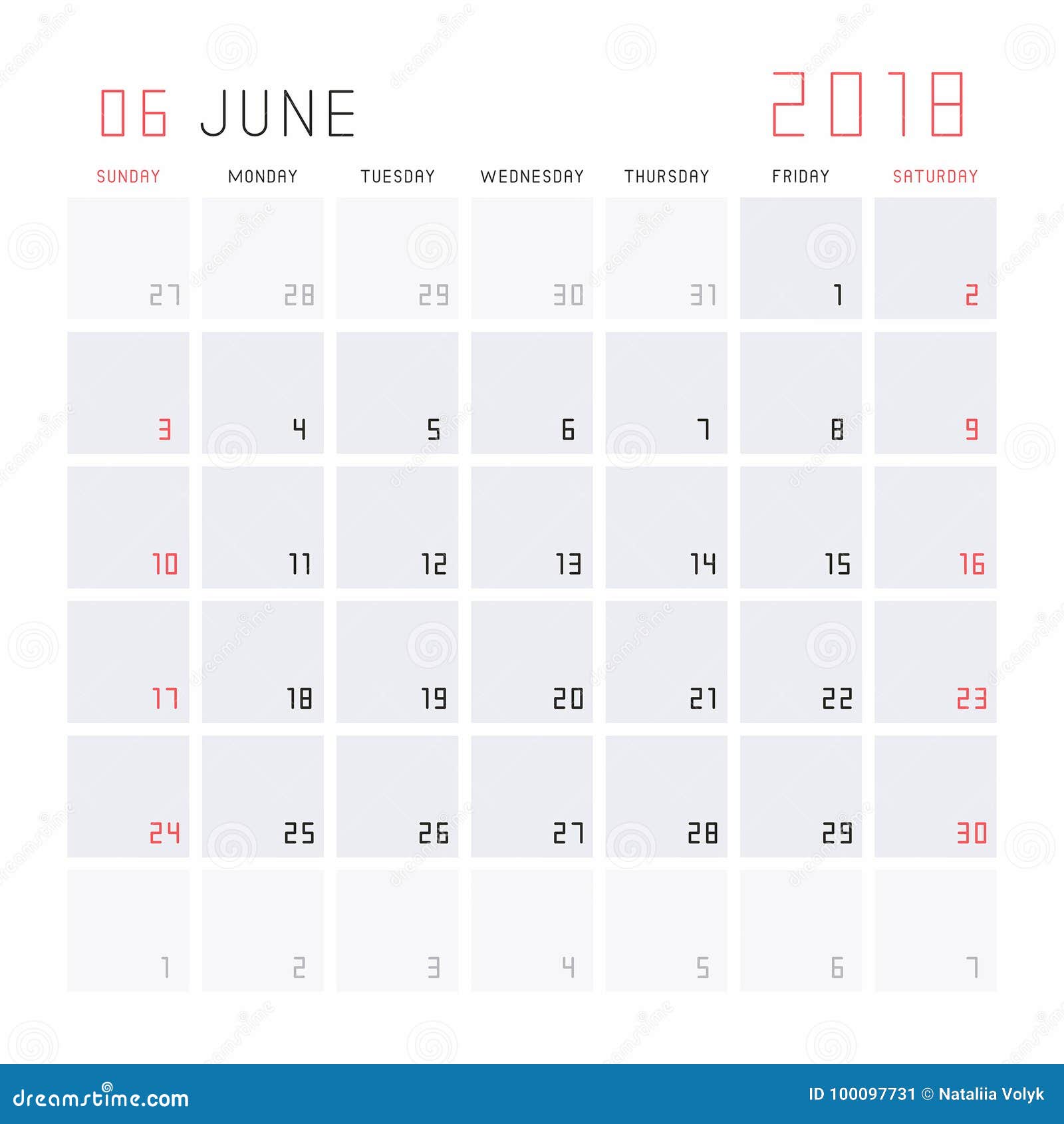 Kalender Im Juni 2018 Vektor Abbildung. Illustration Von Bedruckbar - 100097731