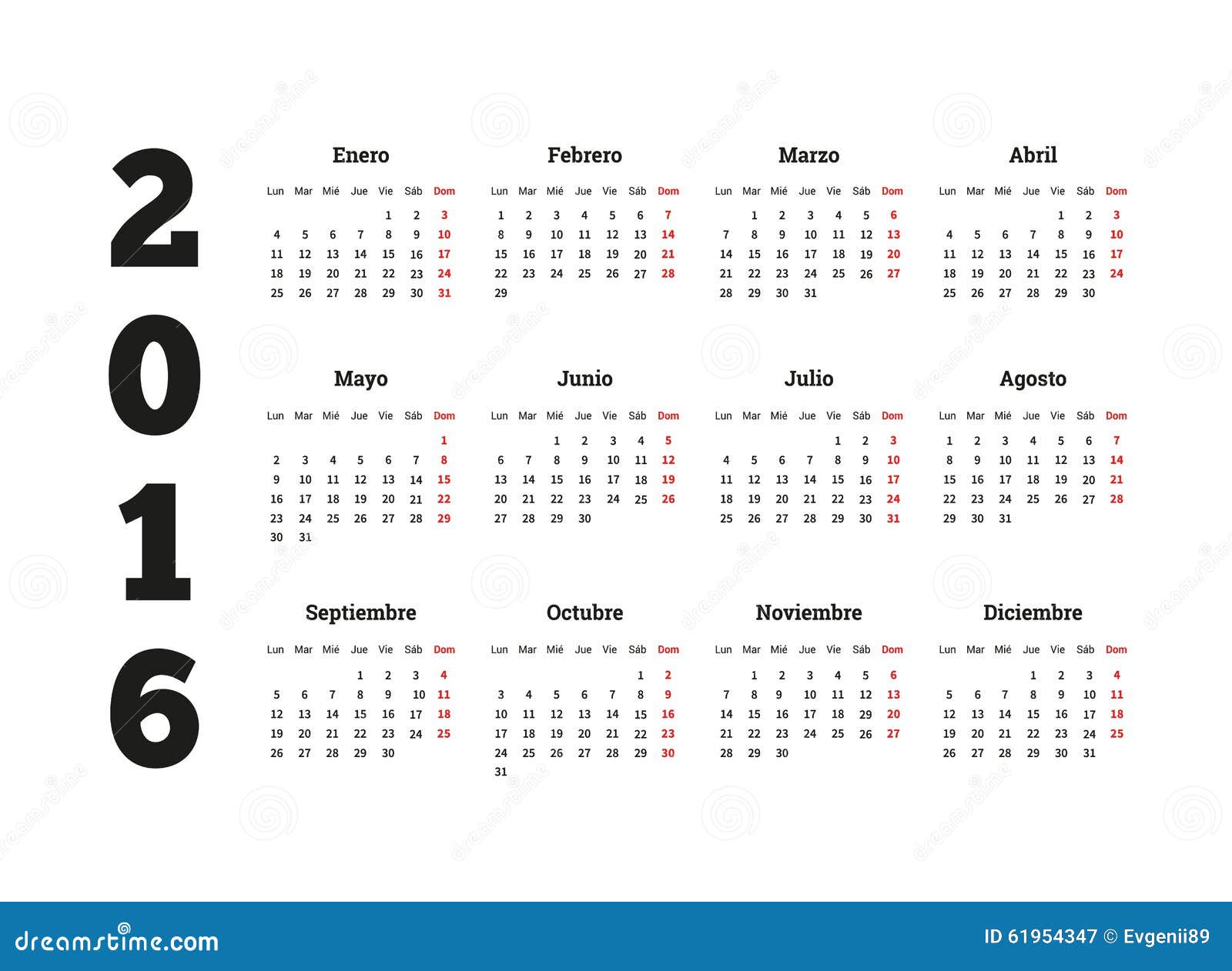 Tekstschrijver Kort geleden paspoort Kalender 2016 Jaar Op Spaanse Taal, A4 Blad Vector Illustratie -  Illustration of ontwerper, dagelijks: 61954347