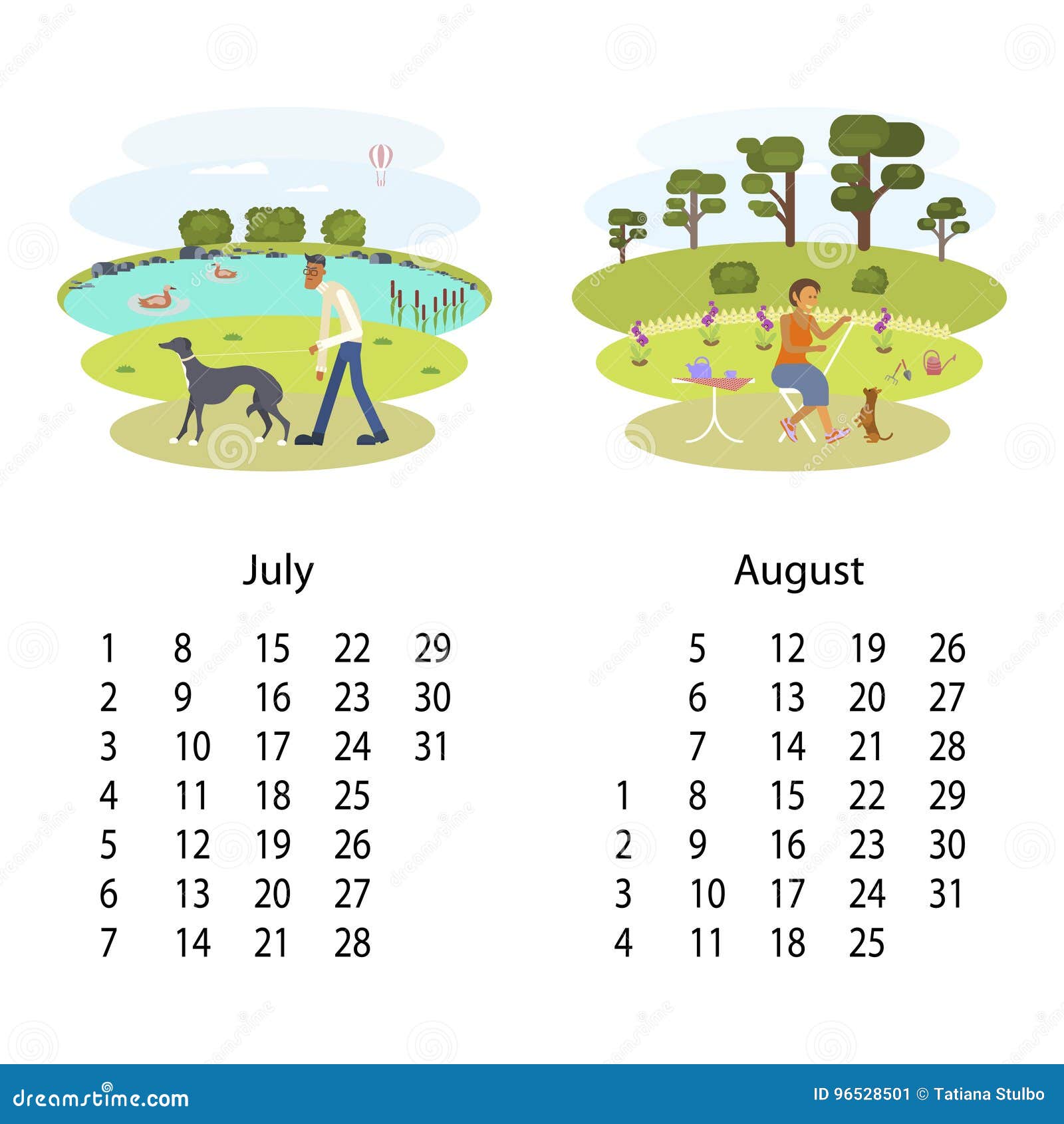 Kalender 2018 Juli Augustus Vector Illustratie - Illustration Of Karakter, Grappig: 96528501