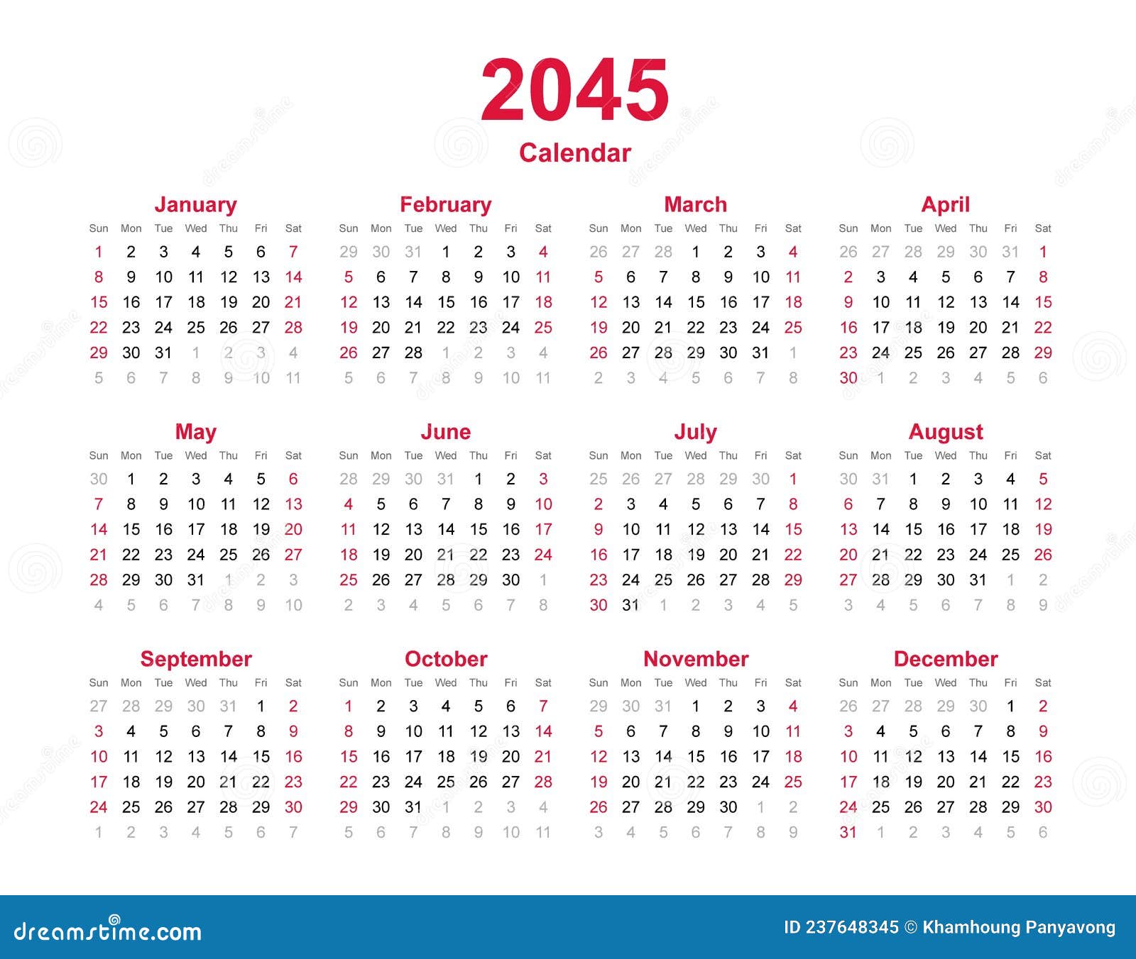 Kalender 2045 12 Maanden Jaarlijkse Vectorkalender In Kalenderjaar 2045