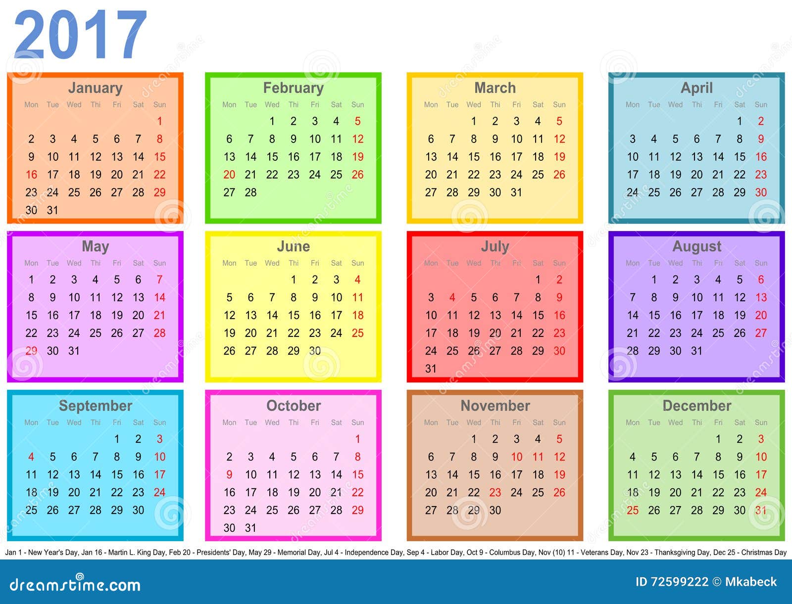 Kalender 2017 Met Kleurrijke Gebieden Per Maand En Vakantie De V.S. Vector  Illustratie - Illustration Of Ambtenaar, Blik: 72599222
