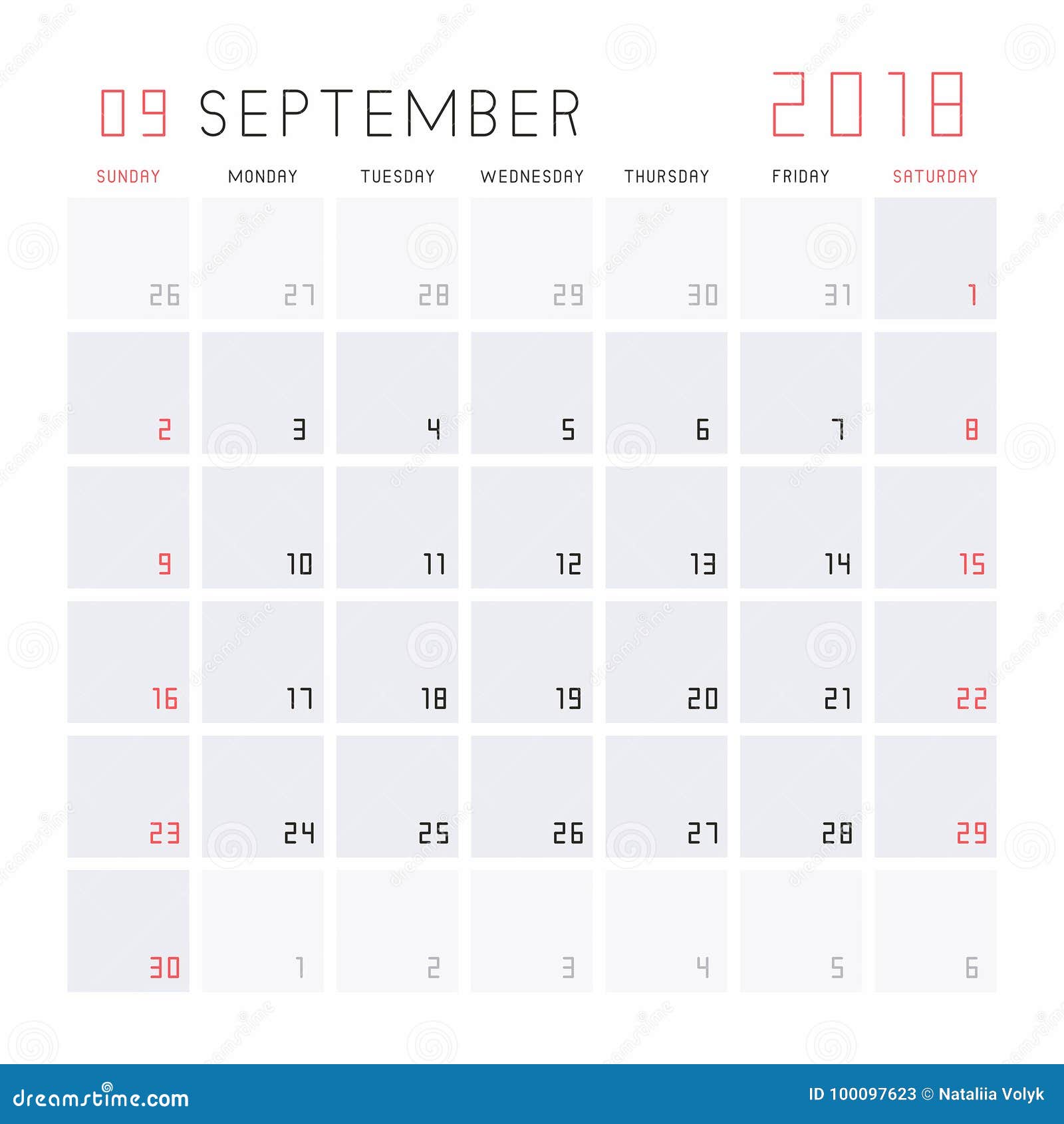 Kalender September 2018 Vector Illustratie. Illustration Of Tijdschema -  100097623