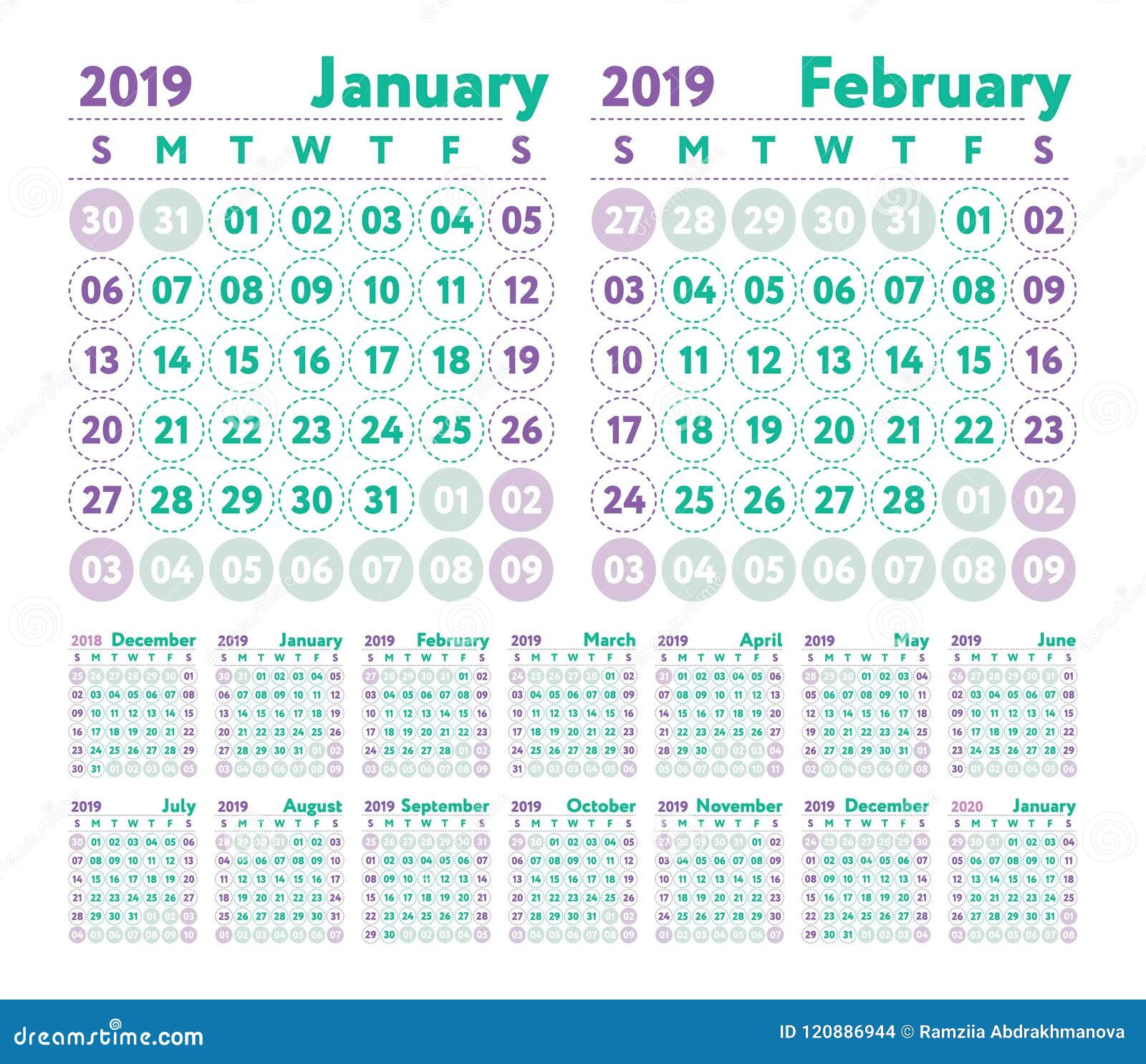 Kalender 2019 Vektor-Englischkalender Januar, Februar, Marsch Vektor ...