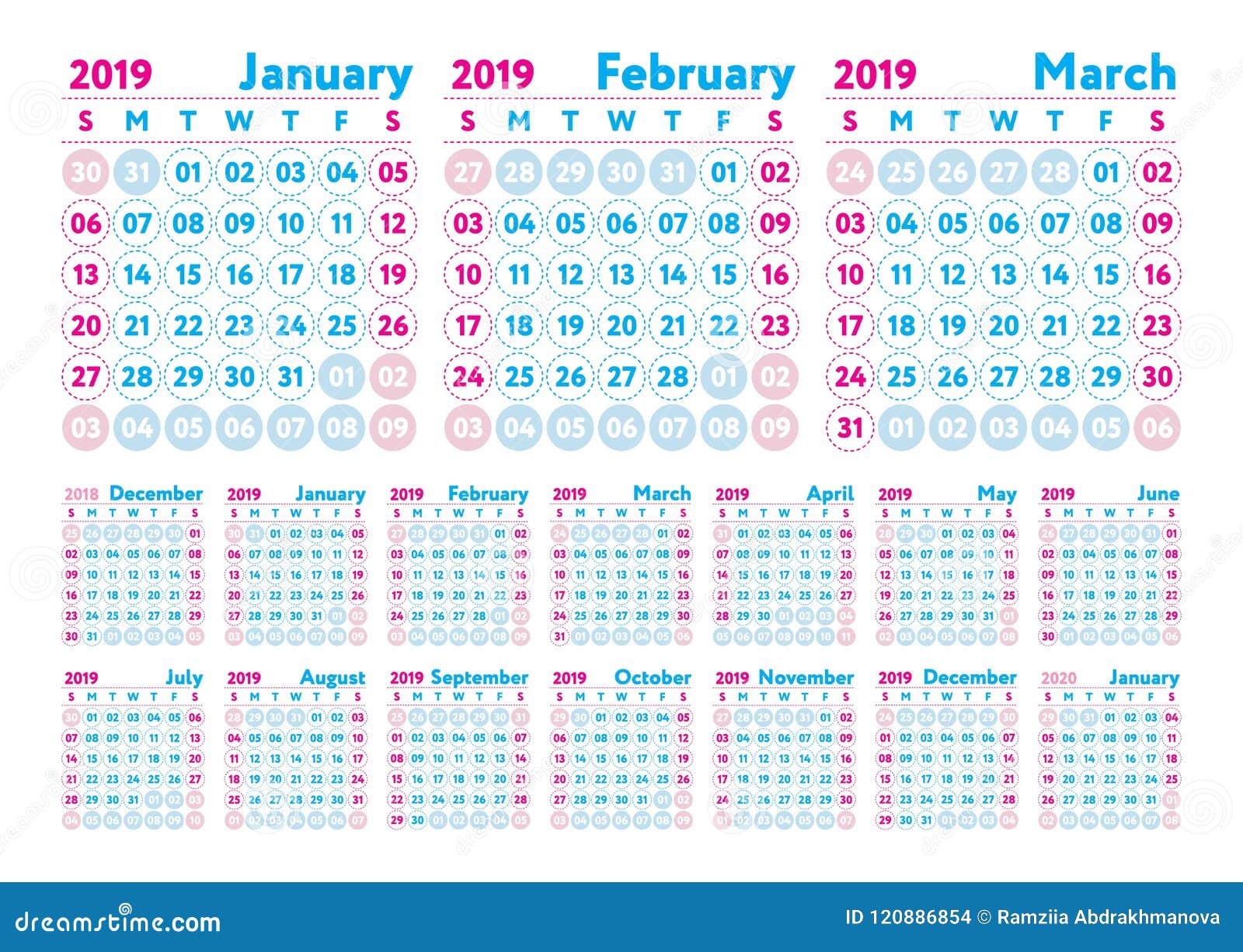 Kalender 2019 Vektorengelskakalender Januari Februari ...