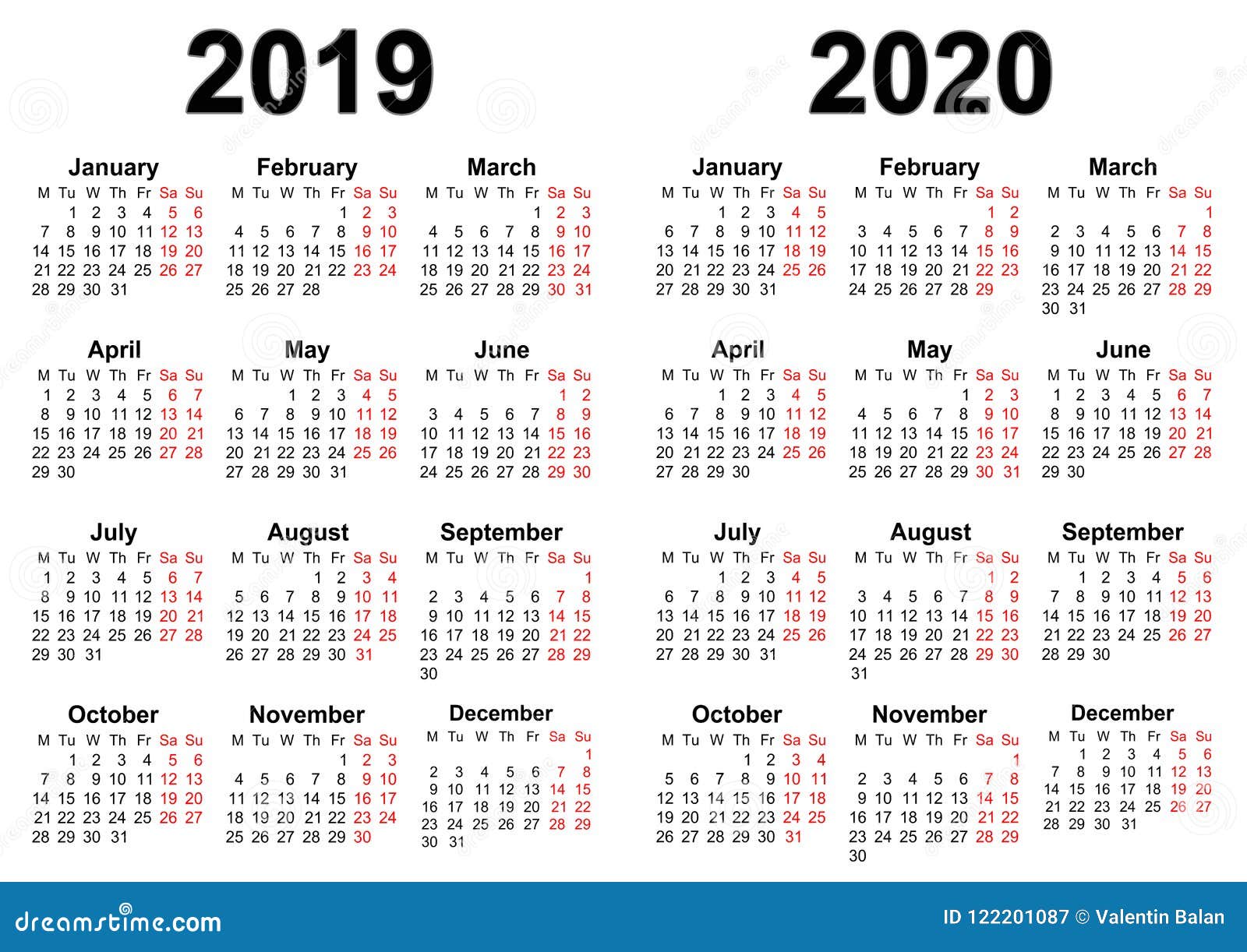 Kalender voor 2019 en 2020 illustratie. Illustration -