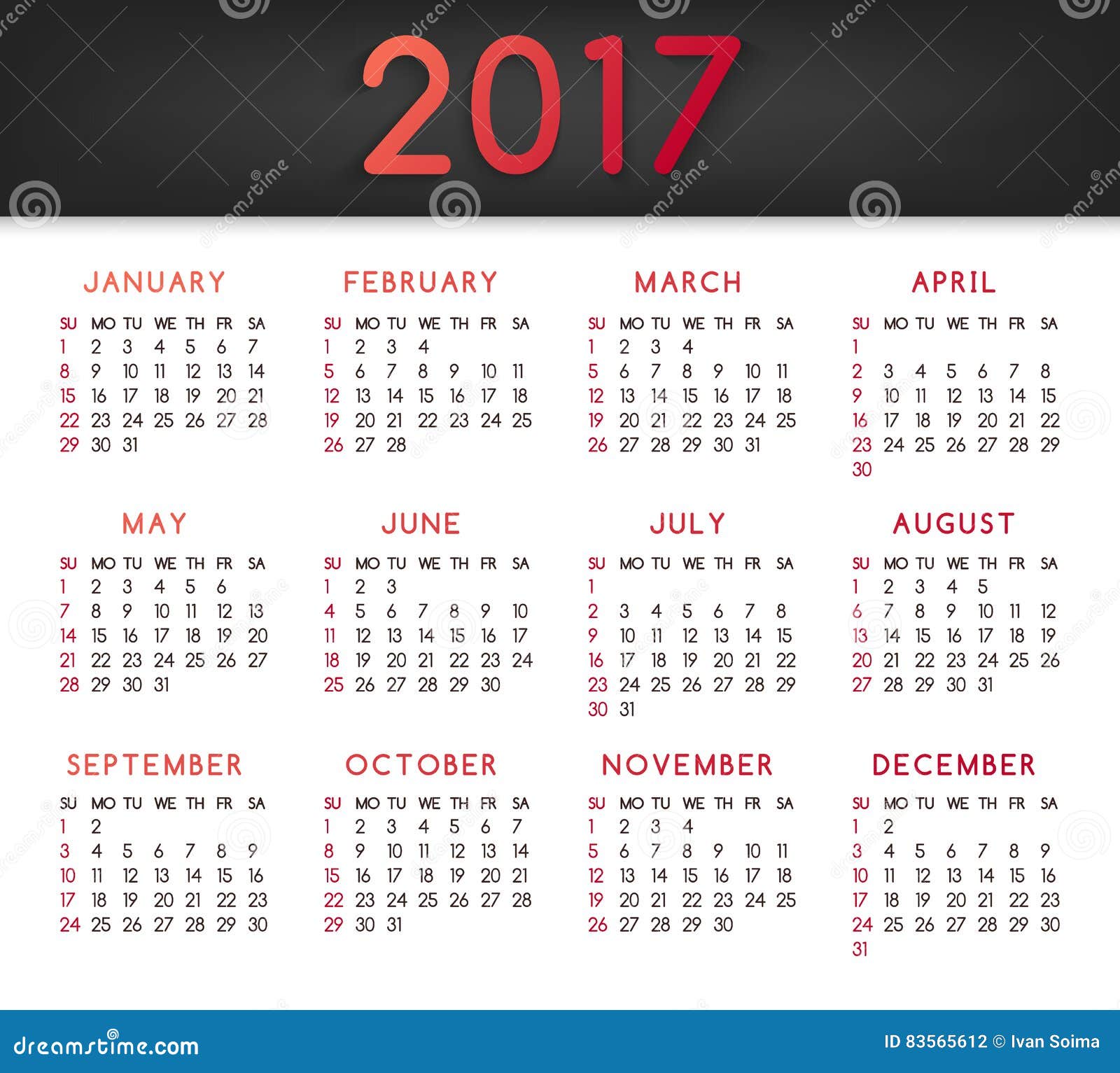 Kalender Voor Het Jaar 2017 Alle Maanden Vector Illustratie of november, achtergrond: 83565612