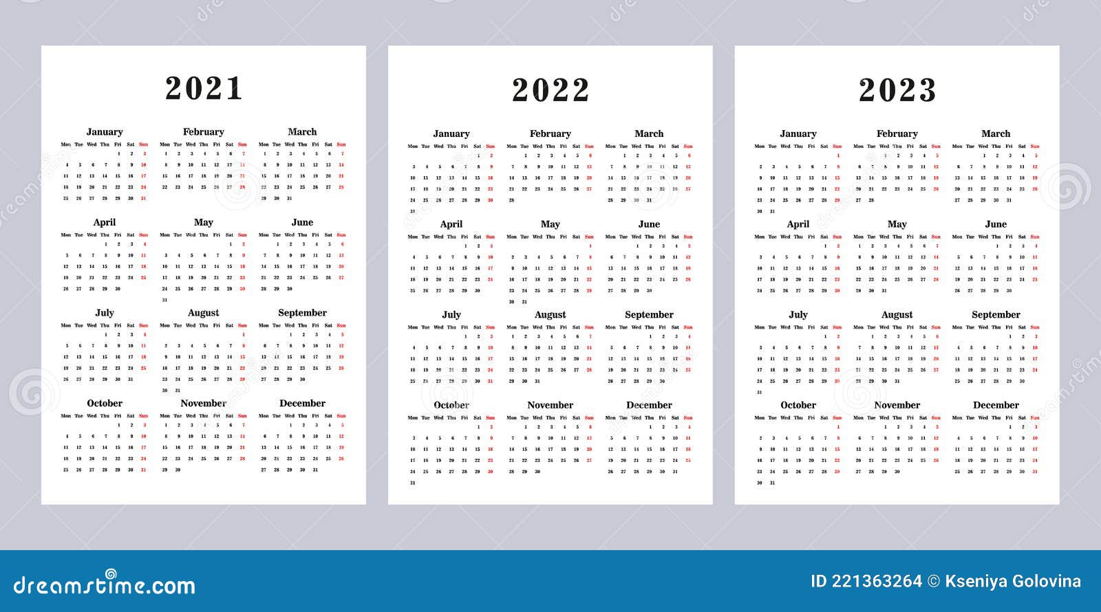Kalender 2021 2022 2023 Week Begint Op Maandag Vector Illustratie -  Illustration Of Aantal, Ontwerper: 221363264