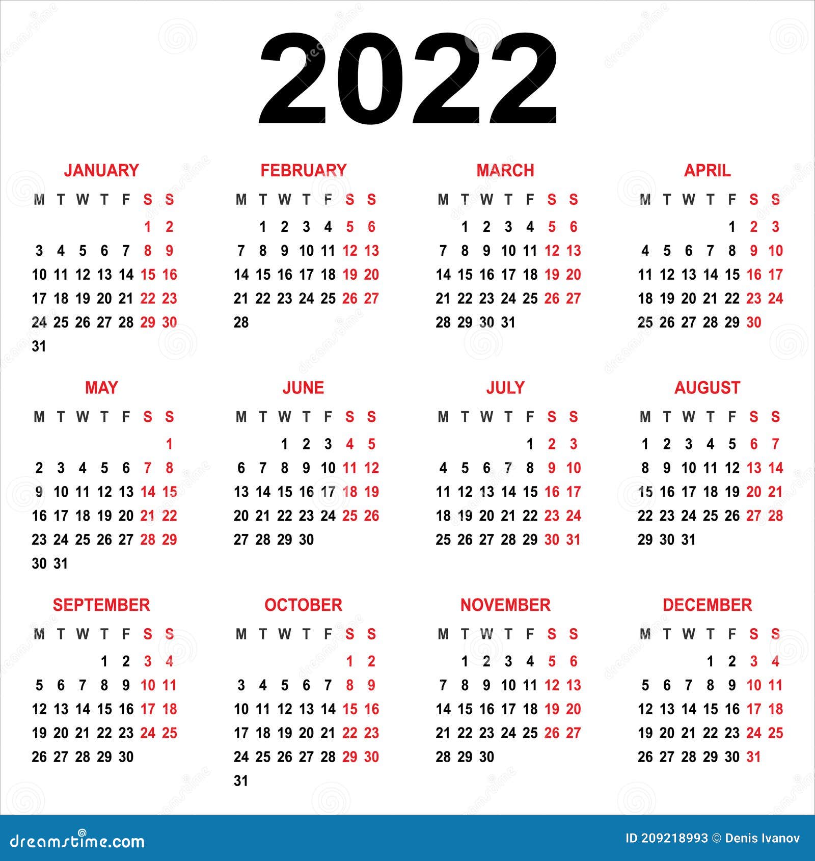 Kalender 2022. Week Begint Op Maandag Vector Illustratie - Illustration Of  Juli, Bureau: 209218993