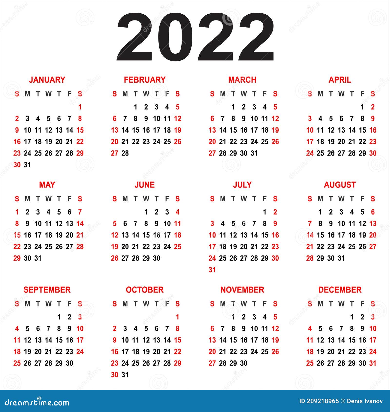 Kalender 2022. Week Op Zondag. Basisraster. Engels Vector Illustratie - Illustration basis, ontwerp: 209218965