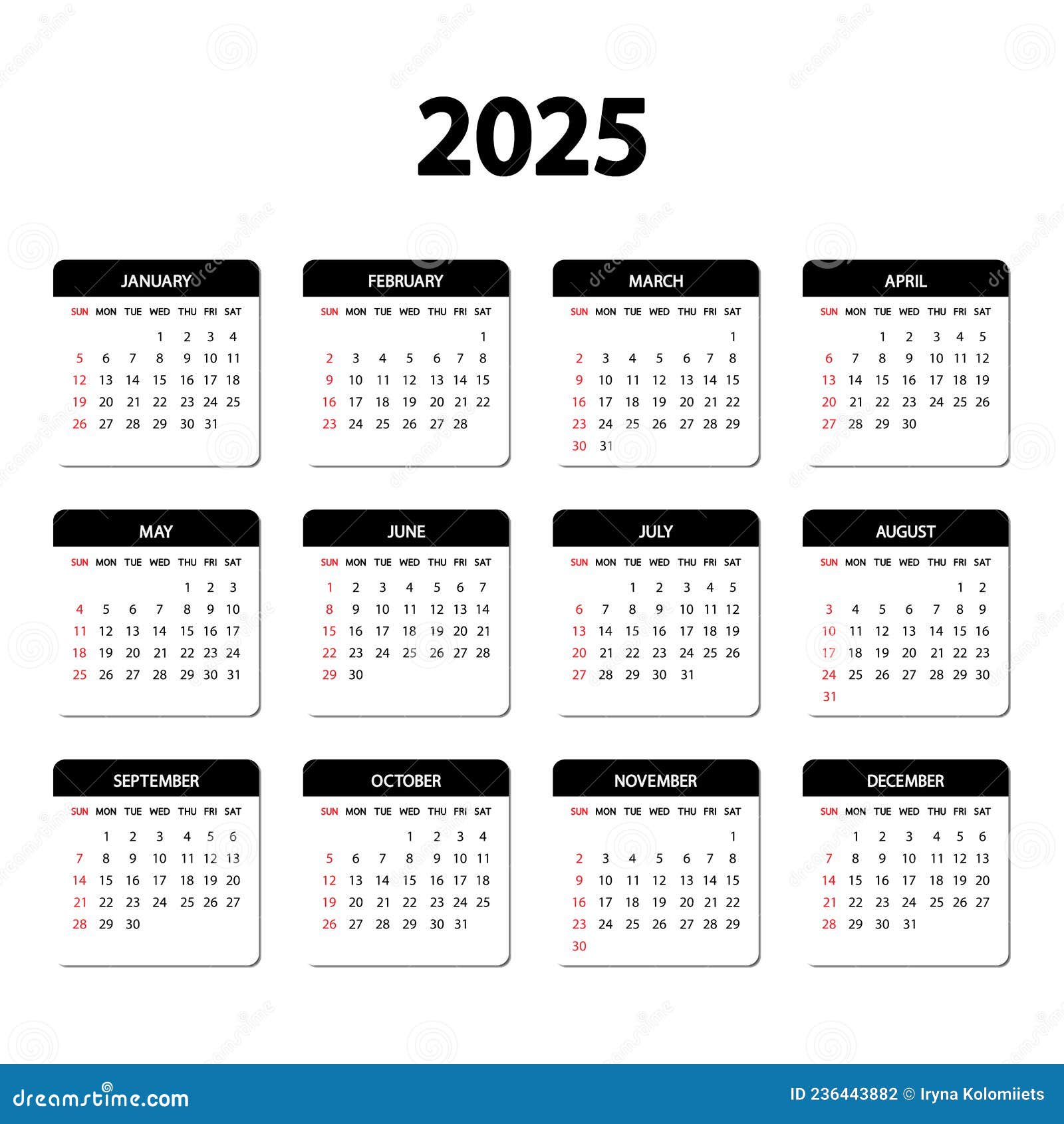 Kalenderjaar 2025. De Week Begint Op Zondag. Jaarsjabloon Voor Engelse ...