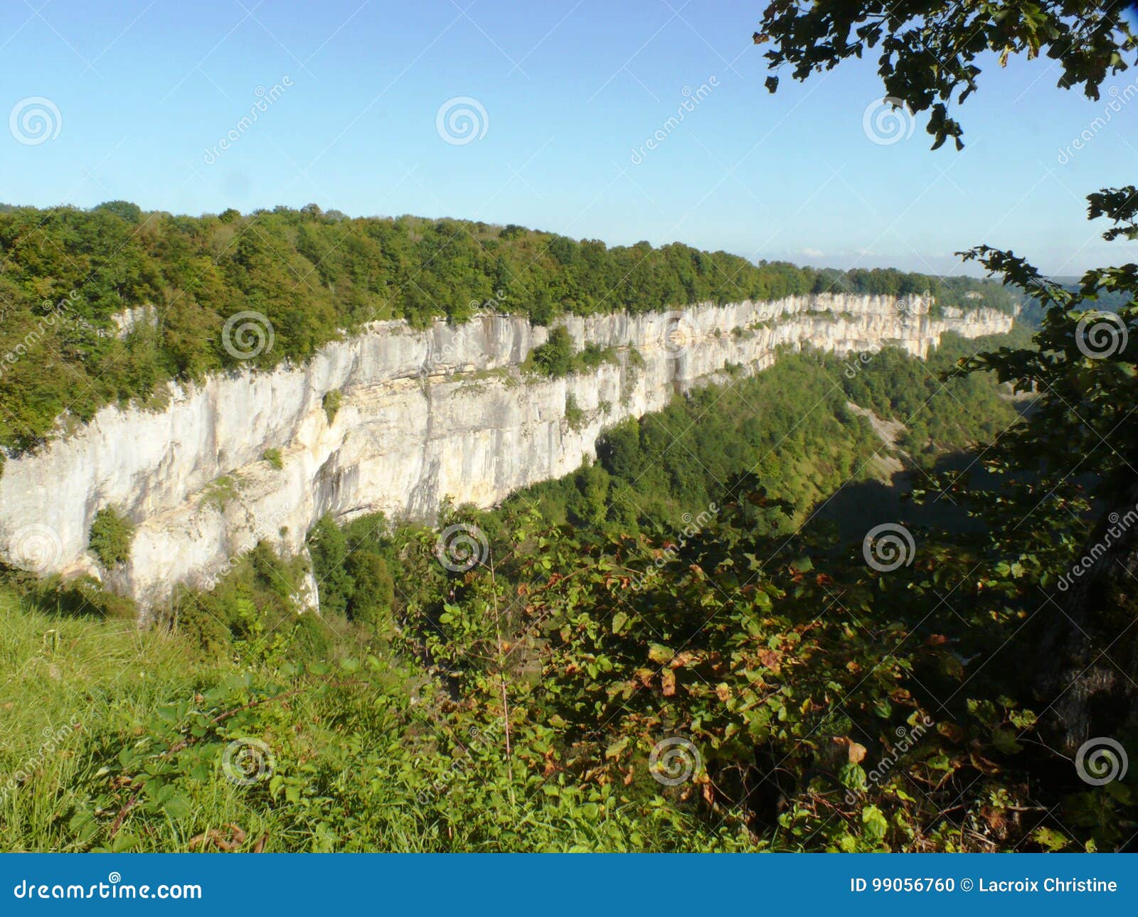 Kalksteenklippen van het Baume les circus van Messieurs in Frankrijk. Kalksteenklippen met bos van het Baume les circus van Messieurs in franche-ComtÃ© worden behandeld die frankrijk