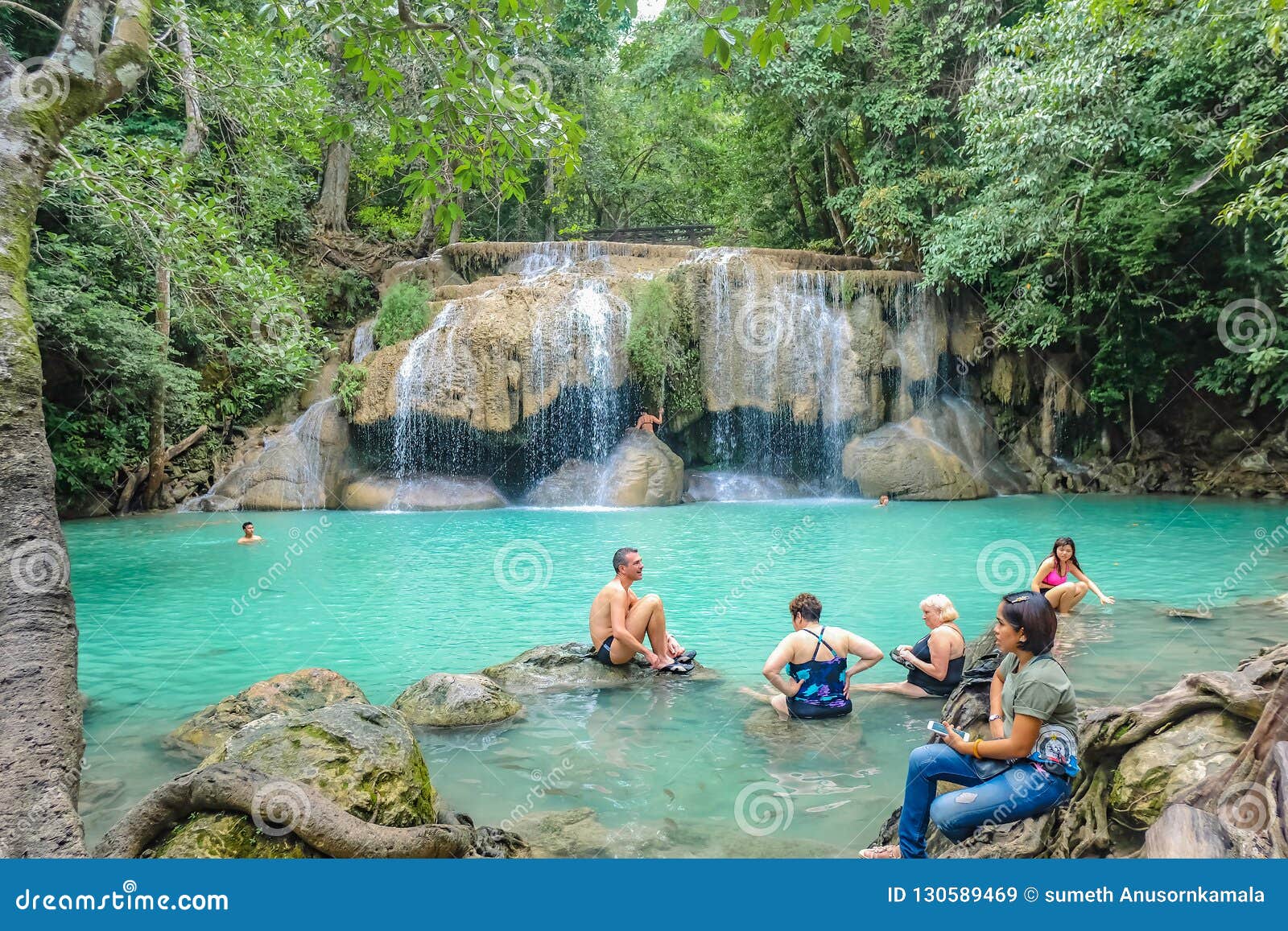 Deep Forest Waterfall with Tourist in Erawan National Park Kanchanaburi ...