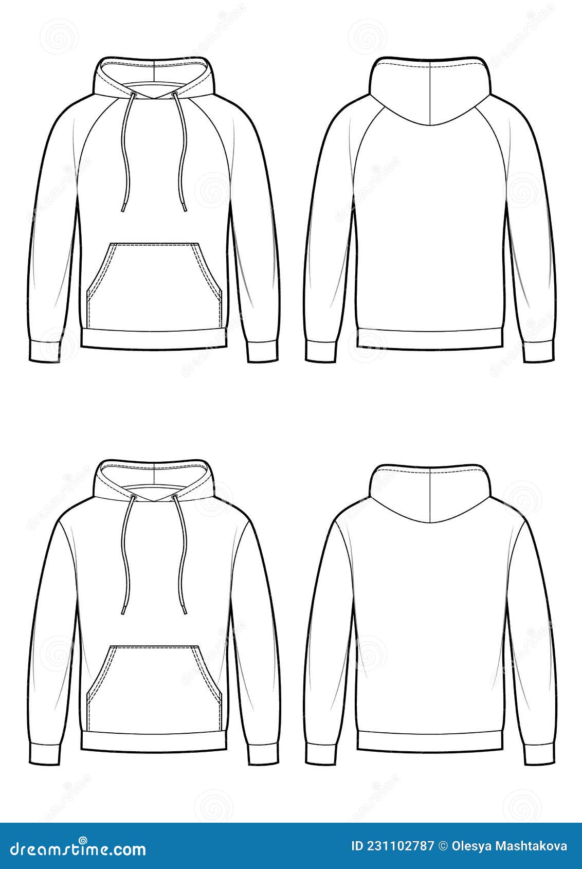 Kangaroo Men S Hoodie in Front, Back Views. Two Variants of Sleeves ...