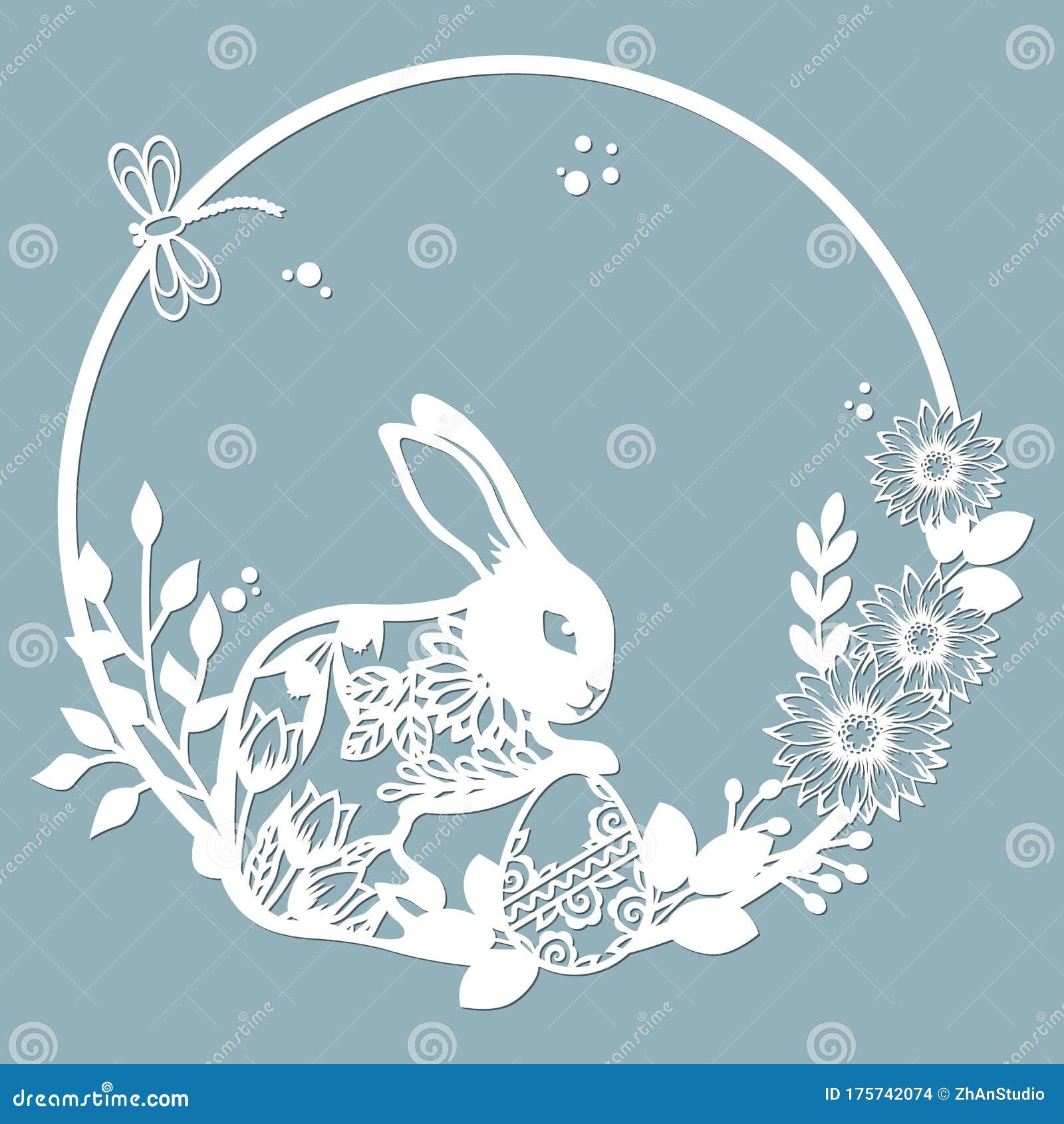 Kaninchen Hase In Einem Runden Rahmen Mit Mustern Blumen Schmetterlinge Vorlage Fur Laser Plotterausschnitt Und Siebdruck The Vektor Abbildung Illustration Von Schnitt Hasen 175742074