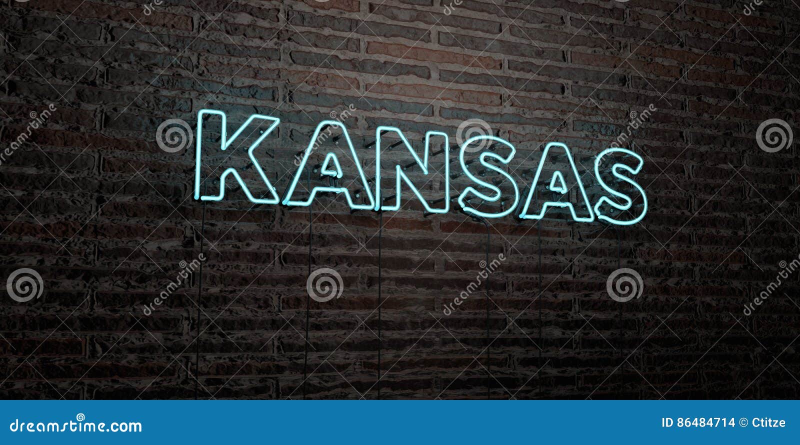 KANSAS - insegna al neon realistica sul fondo del muro di mattoni - 3D ha reso l'immagine di riserva libera della sovranità Può essere usato per gli annunci online dell'insegna e dirigere i bollettini