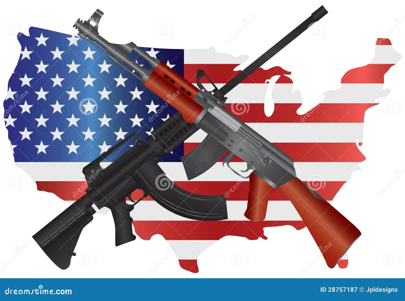 Karabiny Szturmowy z usa mapy flaga ilustracją. Karabiny Szturmowy AR 15 i AK 47 bronie automatyczne na usa mapy flaga Drugi poprawek konstytuci ilustraci Semi