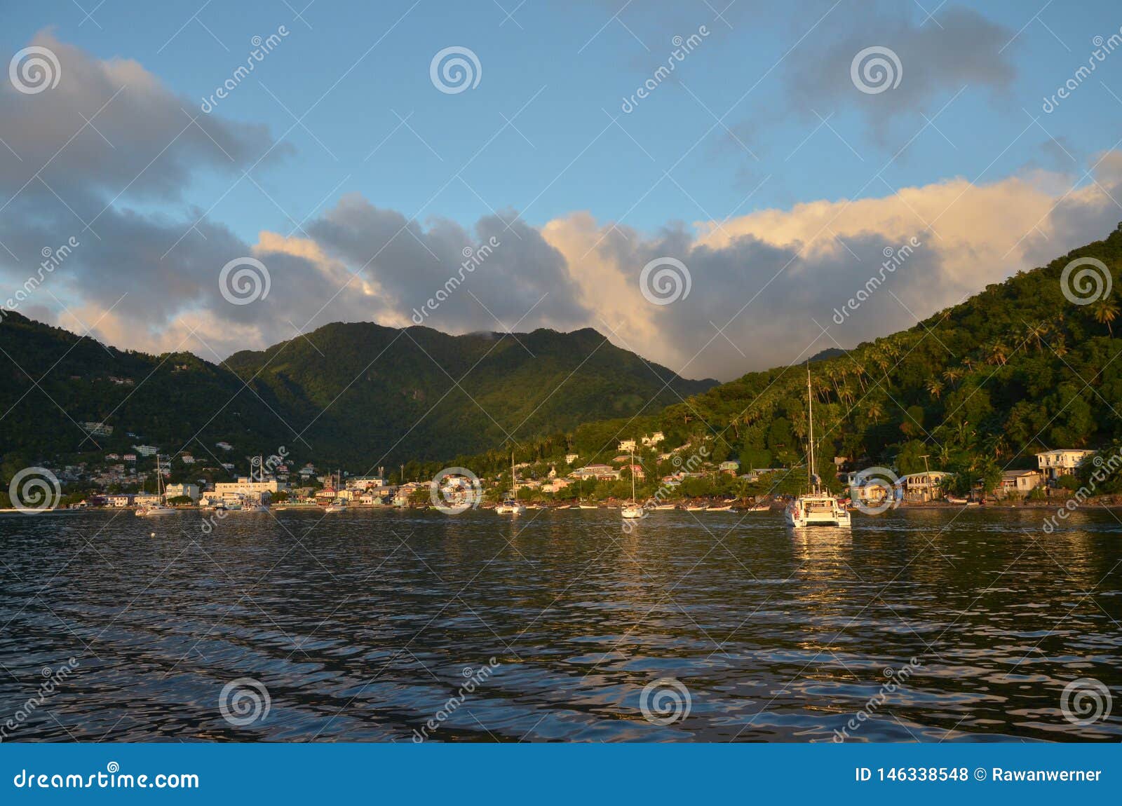 Caribbean small Village Saint Vincent. Caribbean Village Port Mountains Sailingboat Islandformerly Dutch Antilles Saint Vincent Grenadines