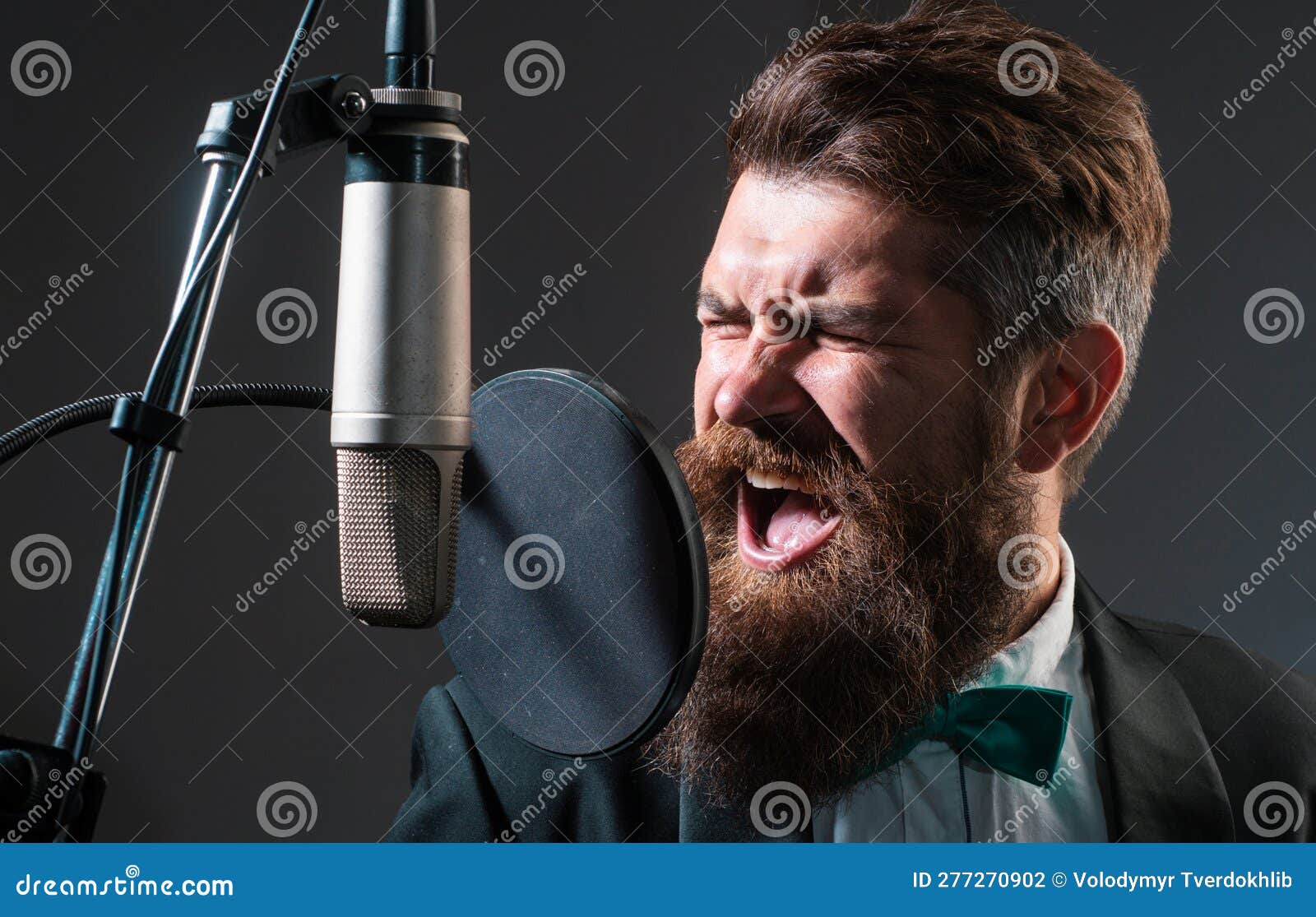 Karaoke Singer. Man Singing with Music Microphone. Classical Music