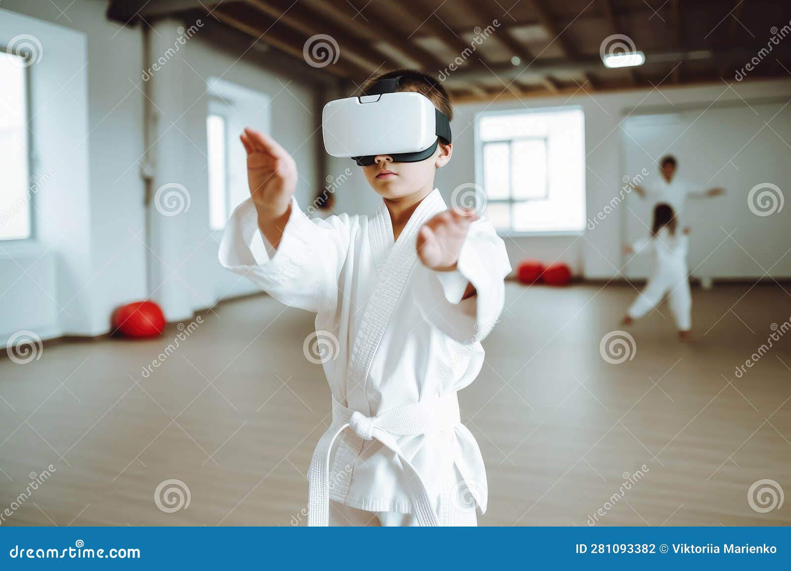 Karate Boy in Virtual 3D Glasses. the Concept of Immersive Experience Stock Illustration