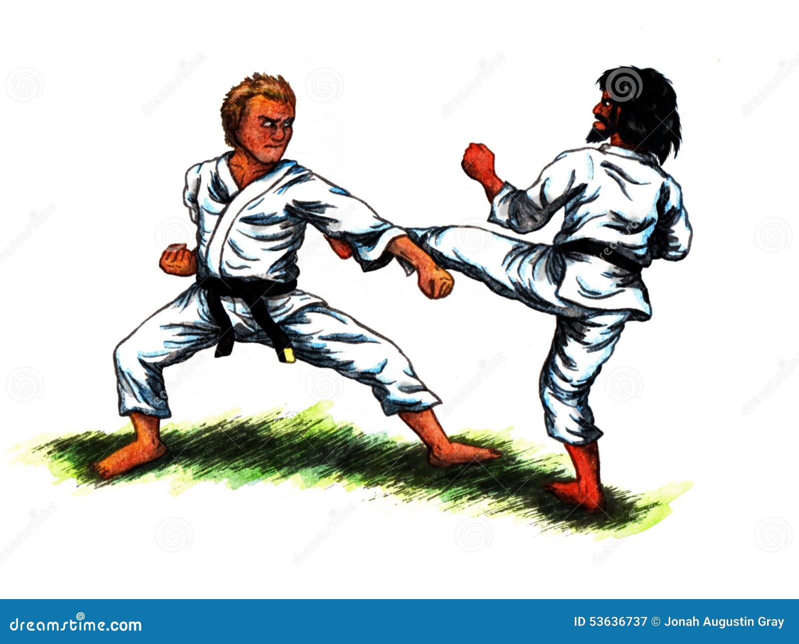 Taekwondo Fight. A hand drawn vector cartoon illustration of 2 guys fighting.  Stock Vector