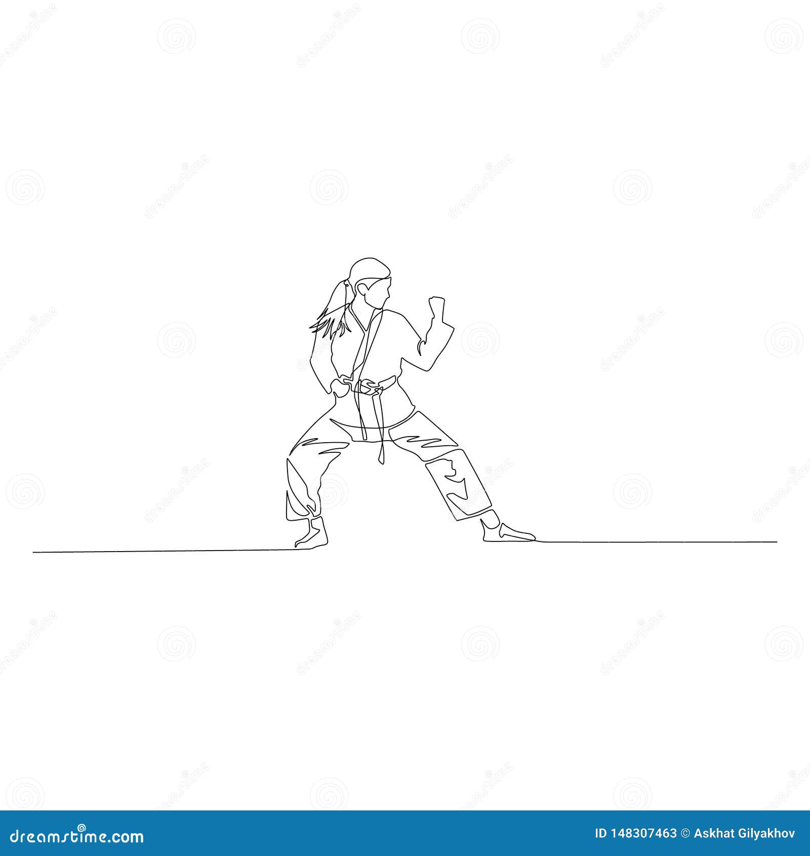 Karate Girl Is Standing In A Fighting Pose Continuous Line Drawing ...