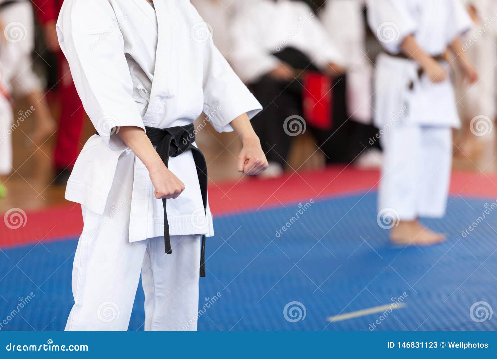 karate practitioner body position during competition. martial arts.