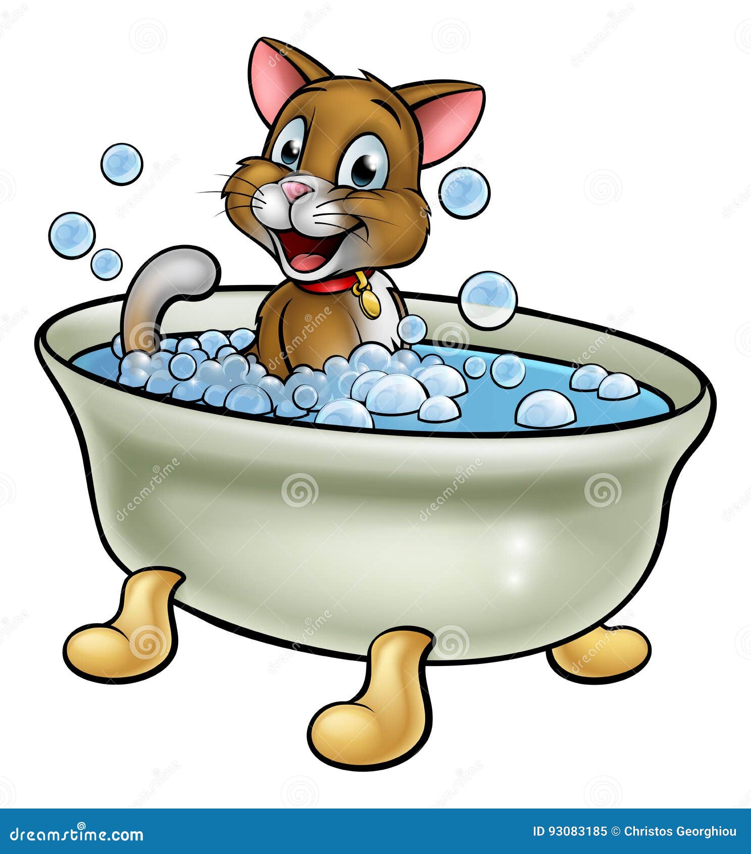 Karikatur-Katze im Bad. Karikaturkatzencharakter, der im Bad mit Blasen sich wäscht