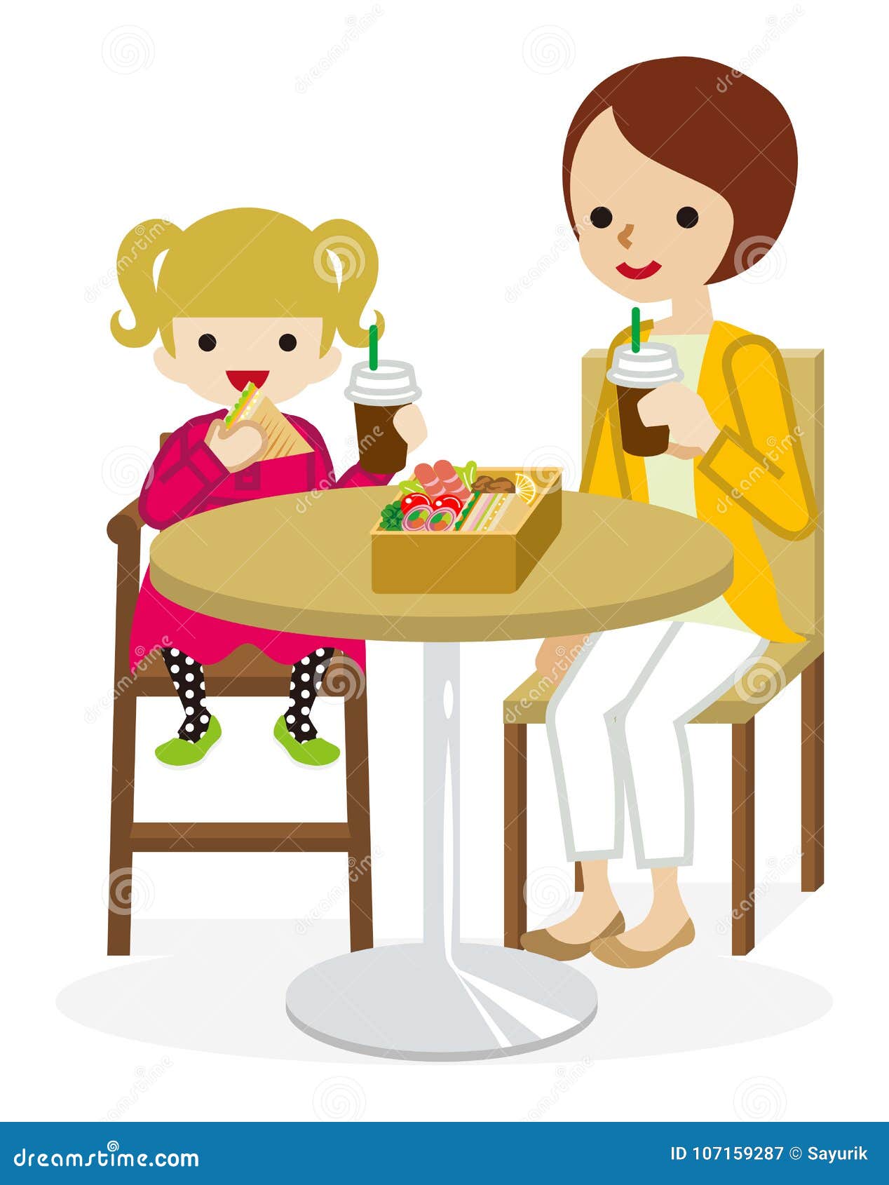 Karikatur Mutter Und Tochter Essen Mit Einer Cafetabelle Zu Mittag Vektor Abbildung Illustration Von Mutter Essen